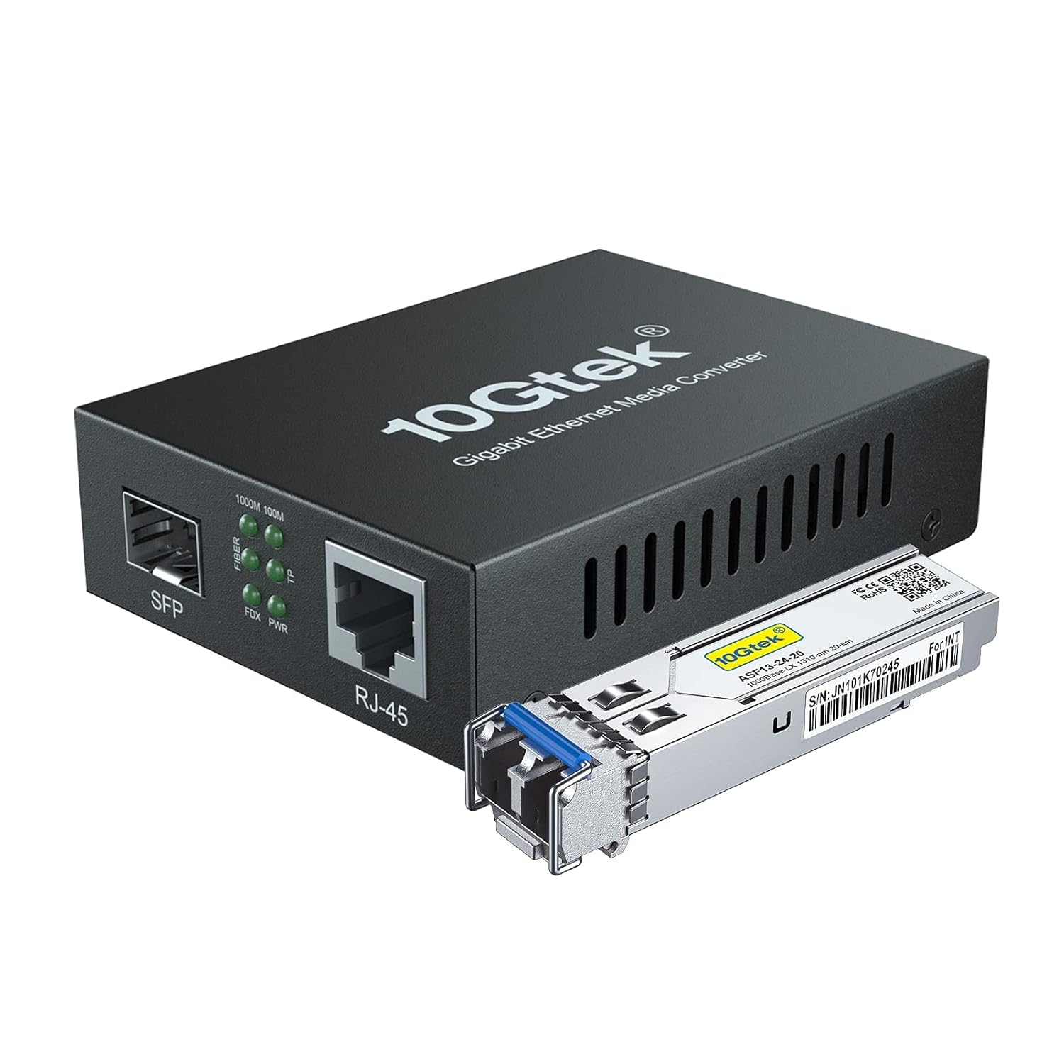 10Gtek ギガビット 光メディアコンバーター シングルモード デュアルLCファイバー 1.25Gb/s SFPモジュール to 10/100/1000Base-Tx 1000Base-LX SFP 付き セット（1310nm 20km）