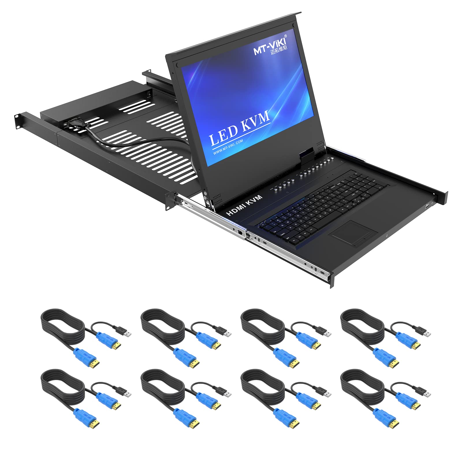 17.3インチ8ポートHDMI KVM切替器、フルHD 1920×1080 LCDモニター内蔵、MT-VIKI 1UラックマウントKVMドロワー、KVMケーブル8本付き、ホットキー/OSD切替対応
