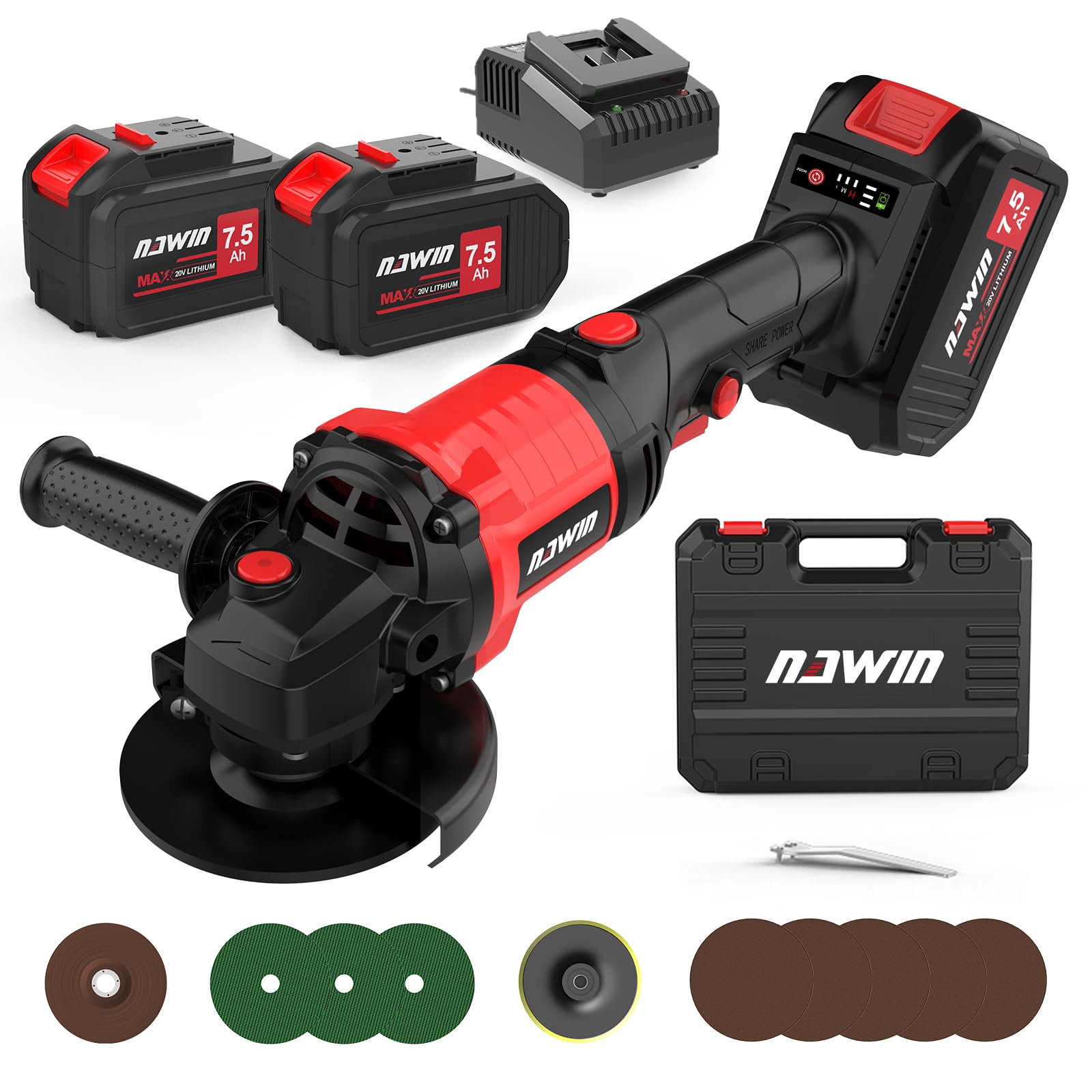 ナウィン 20V 充電式ディスクグラインダー ブラシレスモーター 7.5Ahバッテリー2個付属 三段階変速(最大9,000rpm) 100mm砥石対応 切断/研削/研磨 多用途 コードレス グラインダー充電式 日本PSE認証(7.5Ah)