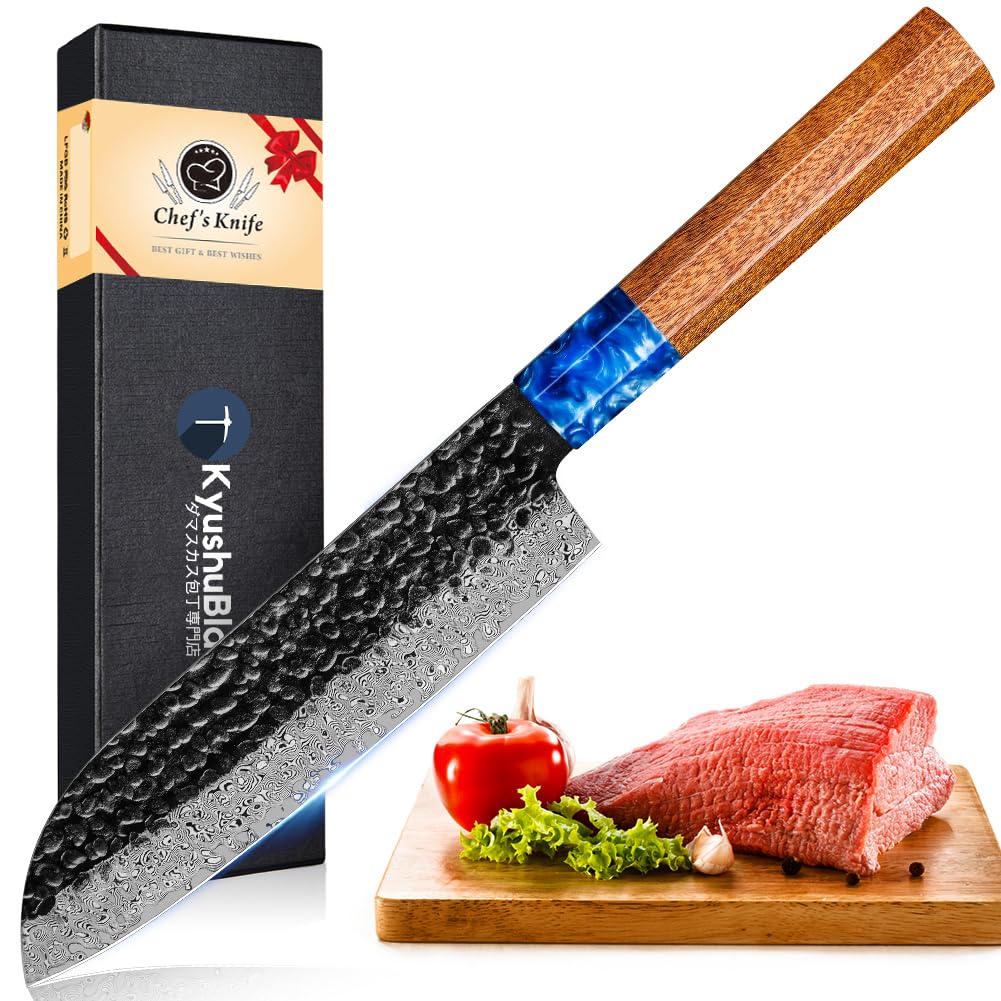 KyushuBlade 包丁 三徳包丁 ダマスカス包丁 刃渡り180mm. プロ用牛刀包丁, キッチン用万能包丁. 手打ち鍛造シェフナイフ, 槌目 ダマスカス模様 両刃包丁 左利き用, 錆びにくい67層の高炭素ステンレス鋼 料理包丁. 人間工学に基づいた八