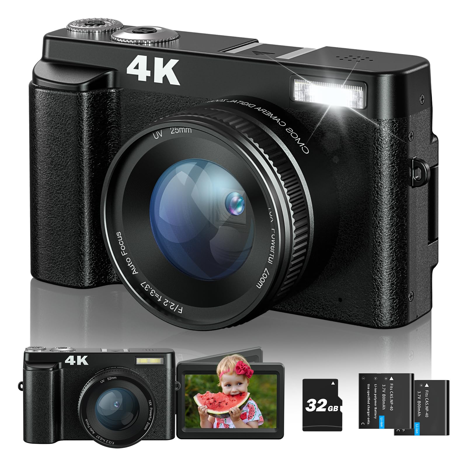 SIXTARY 4K デジカメ 4800万画素 デジタルカメラ YouTube 用 Vlog カメラ 3インチ大画面 32G カード 動画 自撮りバッテリー 2個付き 黒
