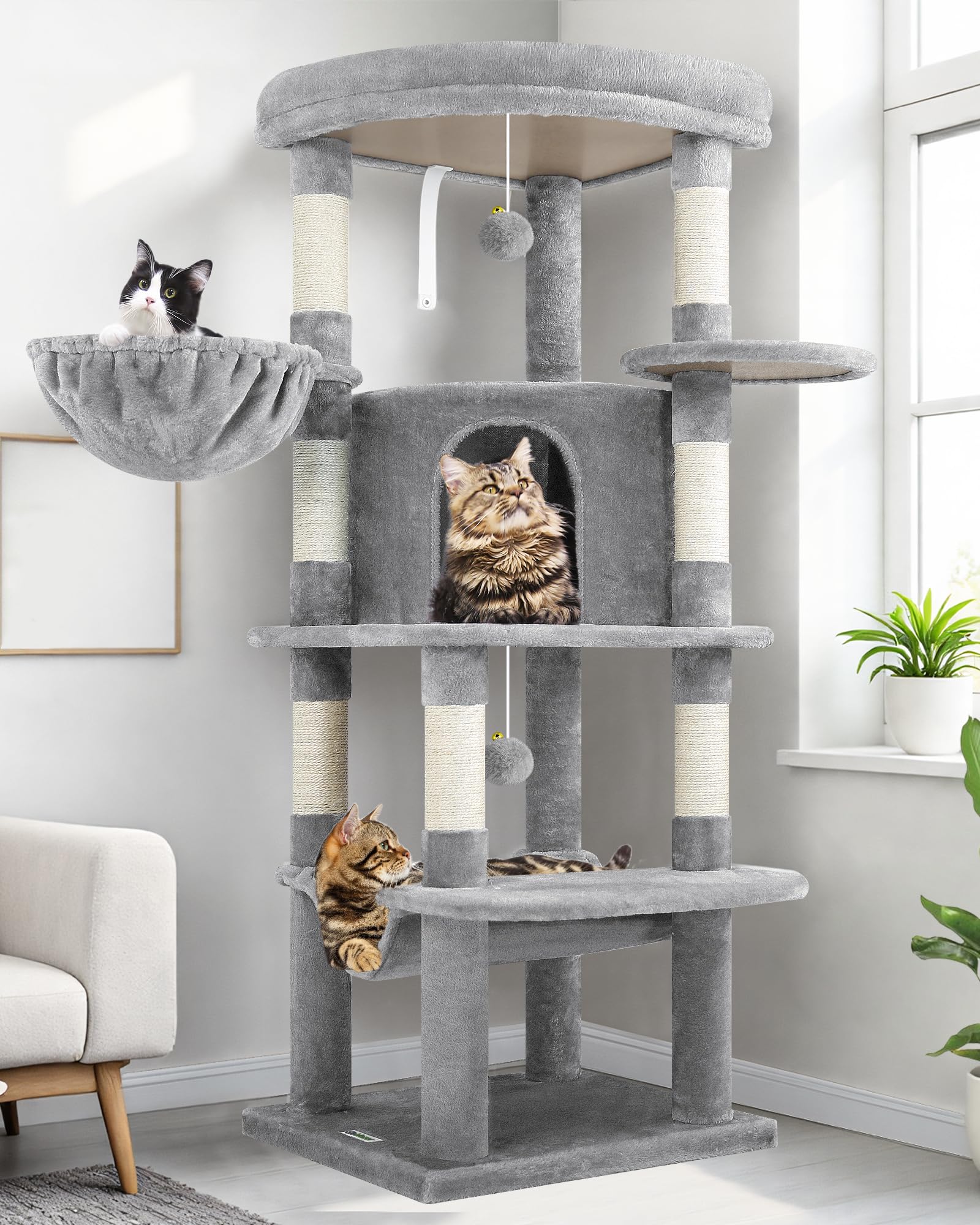 Globlazer キャットタワー コーナ猫タワー 猫ハウス 大型猫 据え置 き 天然麻紐 爪とぎポール 隠れ家 展望台 ハンモック ポンポン おもちゃ 転倒防止装置 優しい丸角設計 おしゃれ 省スペース 登りやすい 組立簡単 頑丈 安定感 運動不足解消
