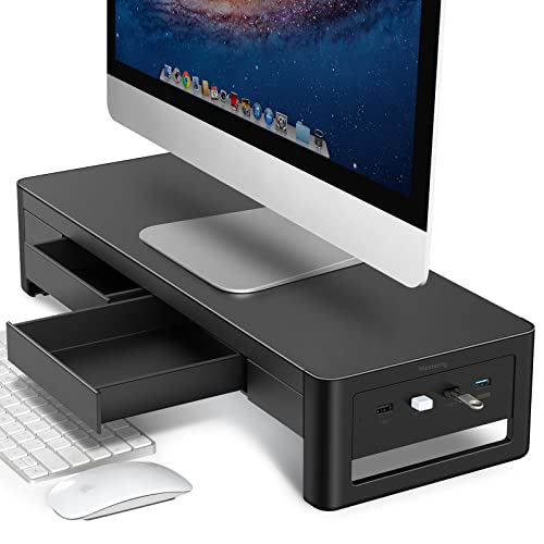 Meatanty 引き出し モニター台 pc モニタースタンド パソコン台 ディスプレイ台 USB 3.0/2.0 データ転送 机上台 スチール製 USBバージョン 幅54cm