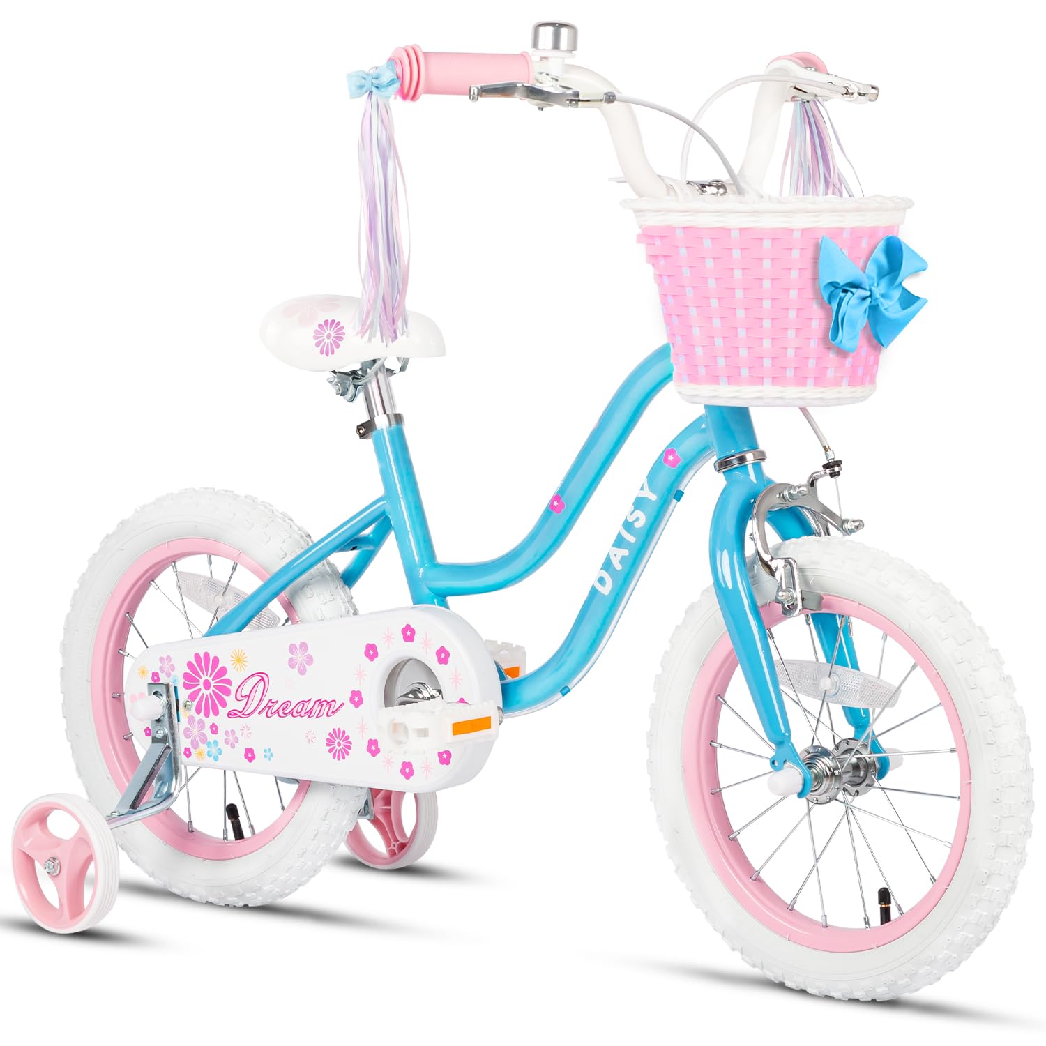【Glerc】Daisy子供用自転車 可愛い女の子自転車 幼児小学生乗り練習 プリンセス気分 補助輪付き/前カゴ付き/ハンドル飾り付き 16インチ 水色