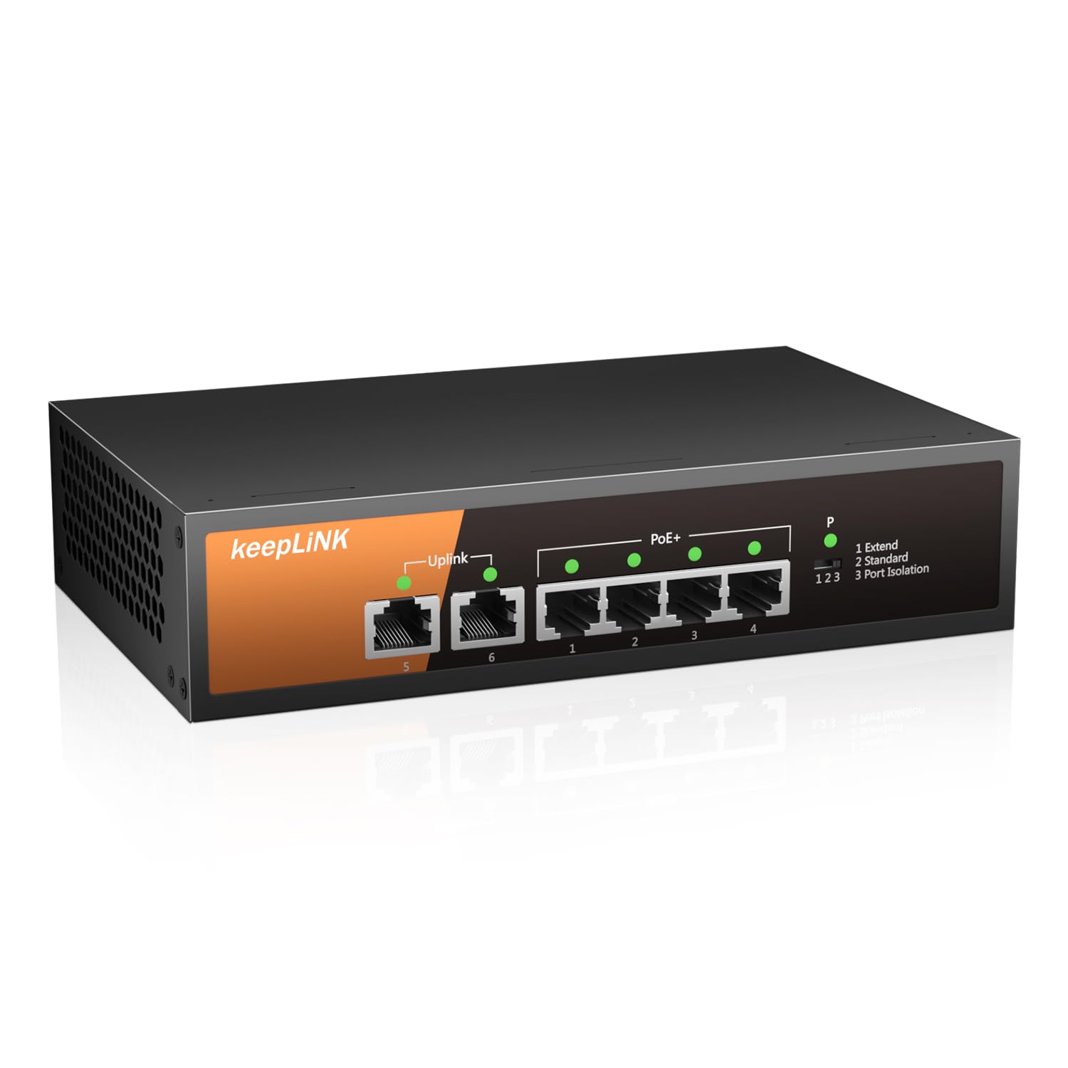 keepLiNK 6ポート PoE スイッチングハブ 10/100Mbps (4ポートPoE+ 65W) 静音ファンレス 金属筐体 省電力設計