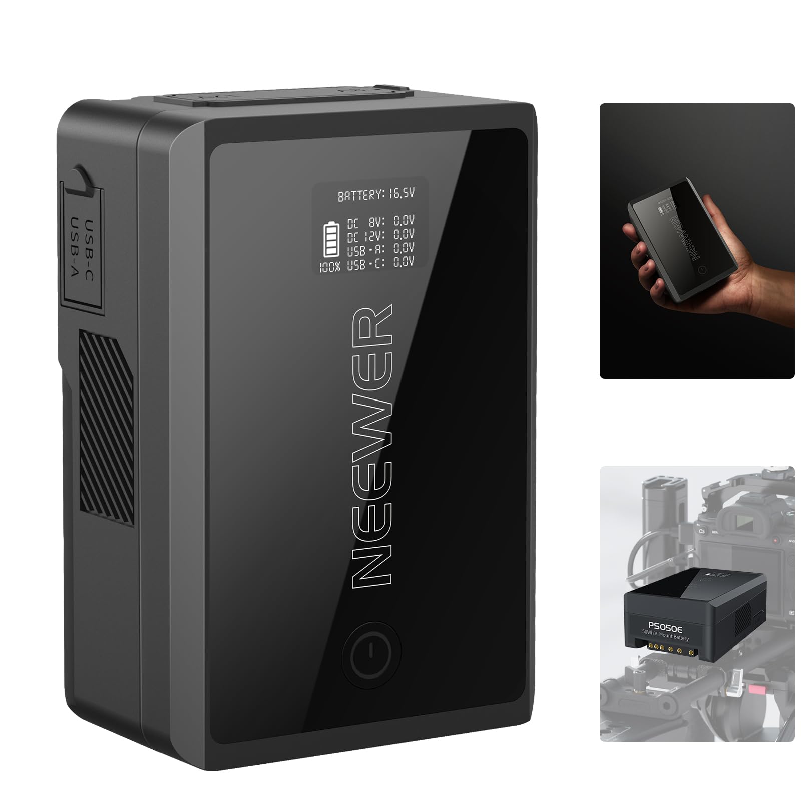 NEEWER ミニVマウントバッテリー ミニVロック電池 D Tap/USB C/USB A/BP/デュアル DC ポート/OLEDスクリーン付き 3450mAh 50Wh 14.54V 45W PD急速充電 カメラ/モニター/ビデオカメラ/ビデオライト用｜松陰屋 店