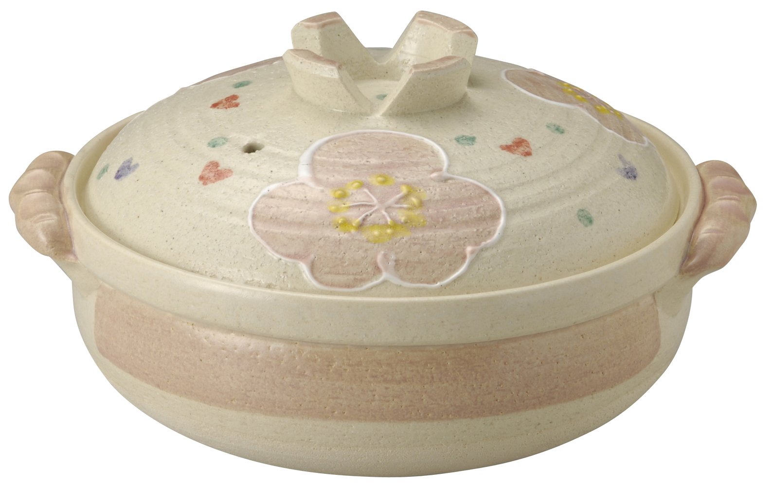 三陶 萬古焼 土鍋 ベージュ 9号 13697 (深鍋) 4-5人用 ピンク花紋|松陰屋 店