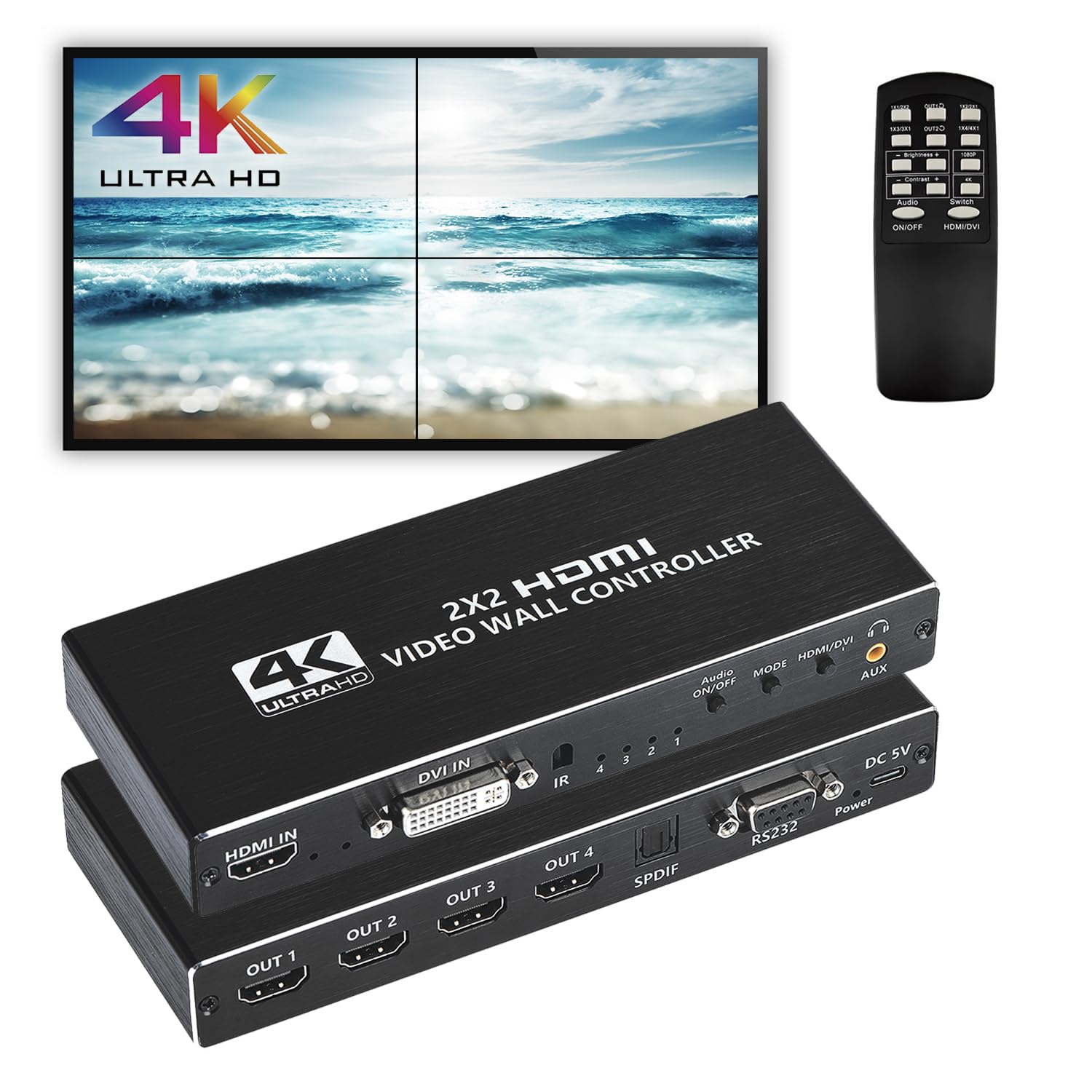 2x2 HDMI ビデオウォールコントローラー 4K HDディスプレイ 2x2/ 1x1/ 1x2/ 1x3/ 1x4/ 2x1/ 3x1/ 4x1 1920x1080P 60Hz HDMI DVI RS232 映像入力 4 HDMI出力 リモコン付き、縁|松陰屋 店