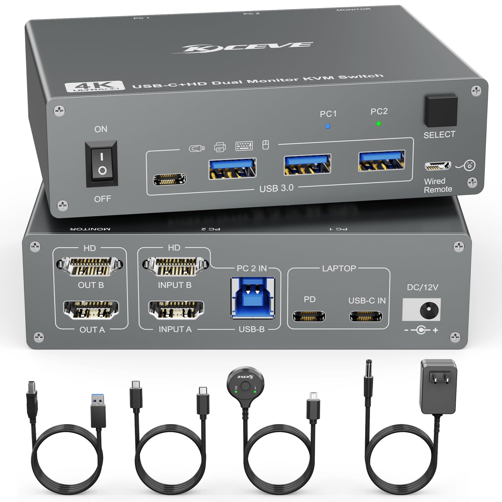 KCEVE デスクトップ＋ラップトップ、2入力2出力 デュアルモニター USB-C HDMI Type-C KVMスイッチ 4K@60Hz USB3.0 KVM 切替器、100W PD(ラップトップ用)、2台のモニターと１組のキーボード マウスを共有できる｜松陰屋 店