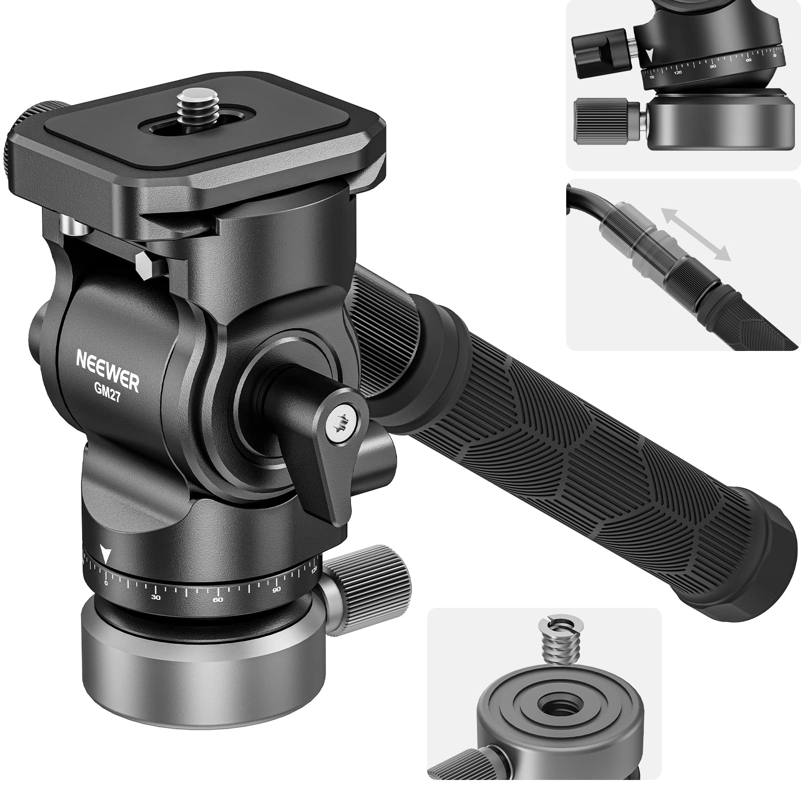 NEEWER 三脚用ビデオ雲台 フルードヘッド +/-10&deg;レベリングベース(Φ37mm)付き 金属製パンチルトヘッド ArcaタイプQRプレート 伸縮ハンドル コンパクトビデオカメラ DSLRカメラ用 最大荷重8.8lb/4kg GM27 銀色｜松陰屋 店
