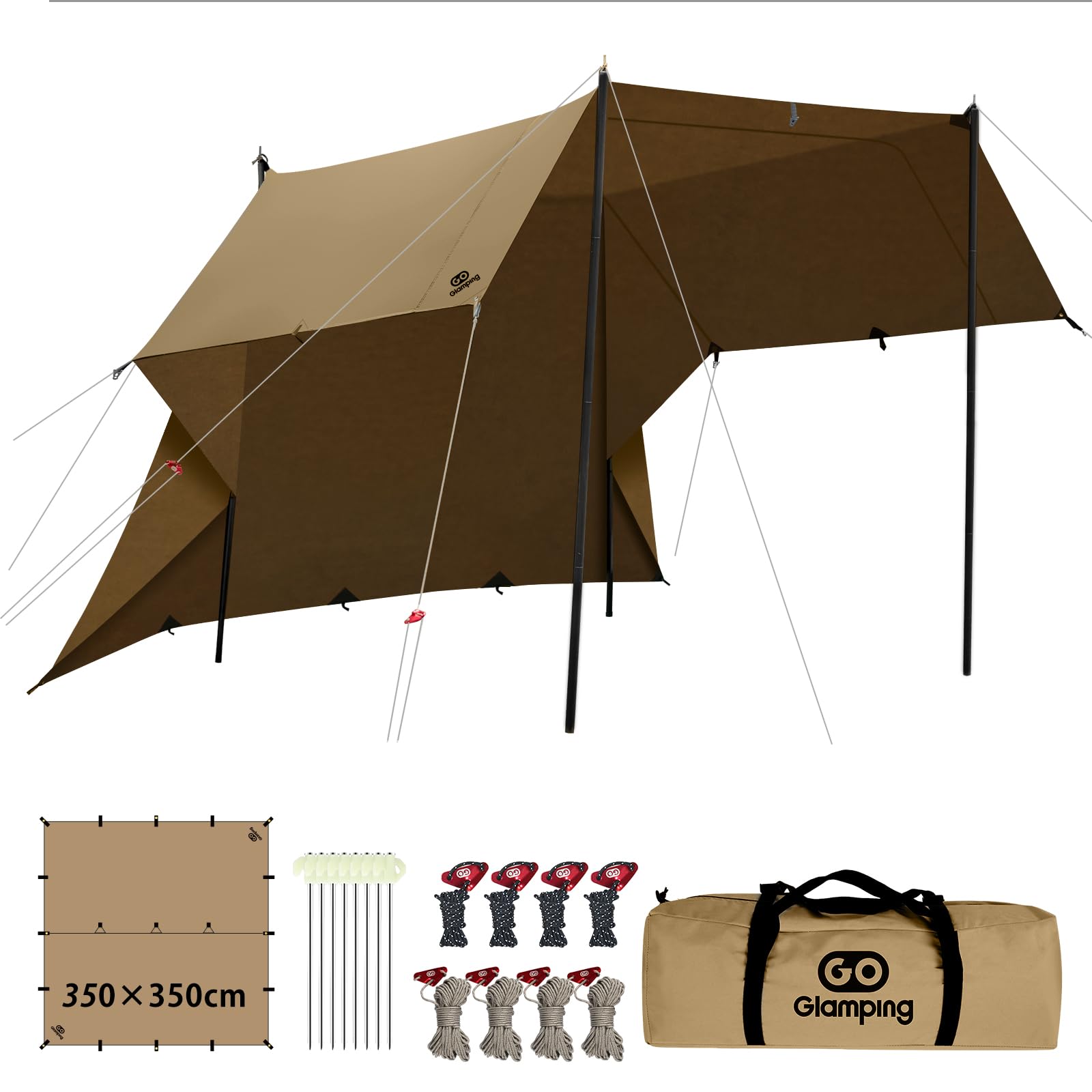 GOGlamping HENGEN+スクエアタープTC 正方形タープ ポリコットン 焚き火可 【19箇所ループ・特殊防水テープ付き】500mm耐水圧 撥水加工 遮光/遮熱/難燃 ソロキャンプ 軽量 コンパクト キャンプ アウトドア (サンドベージュ（3.5｜松陰屋 店