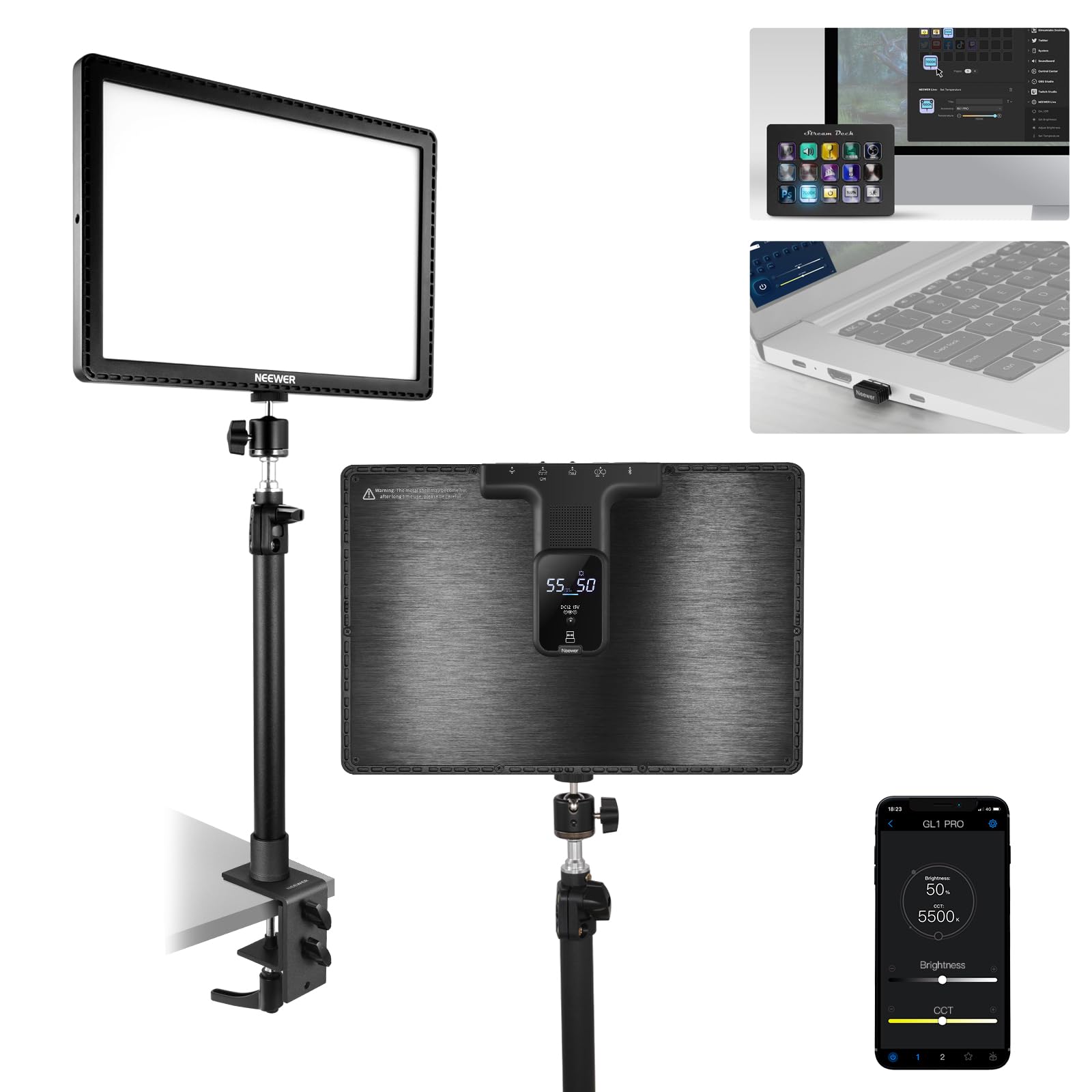 NEEWER GL1 PRO LEDビデオライト ゲーム用 ストリーミングライト 2800ルーメン 超演色性 CRI97+ クランプ付き 卓上パネルライト 補助照明 エッジライト 2.4G制御 PC/Mac/iOS/Android連携 コンパチブル Str|松陰屋 店