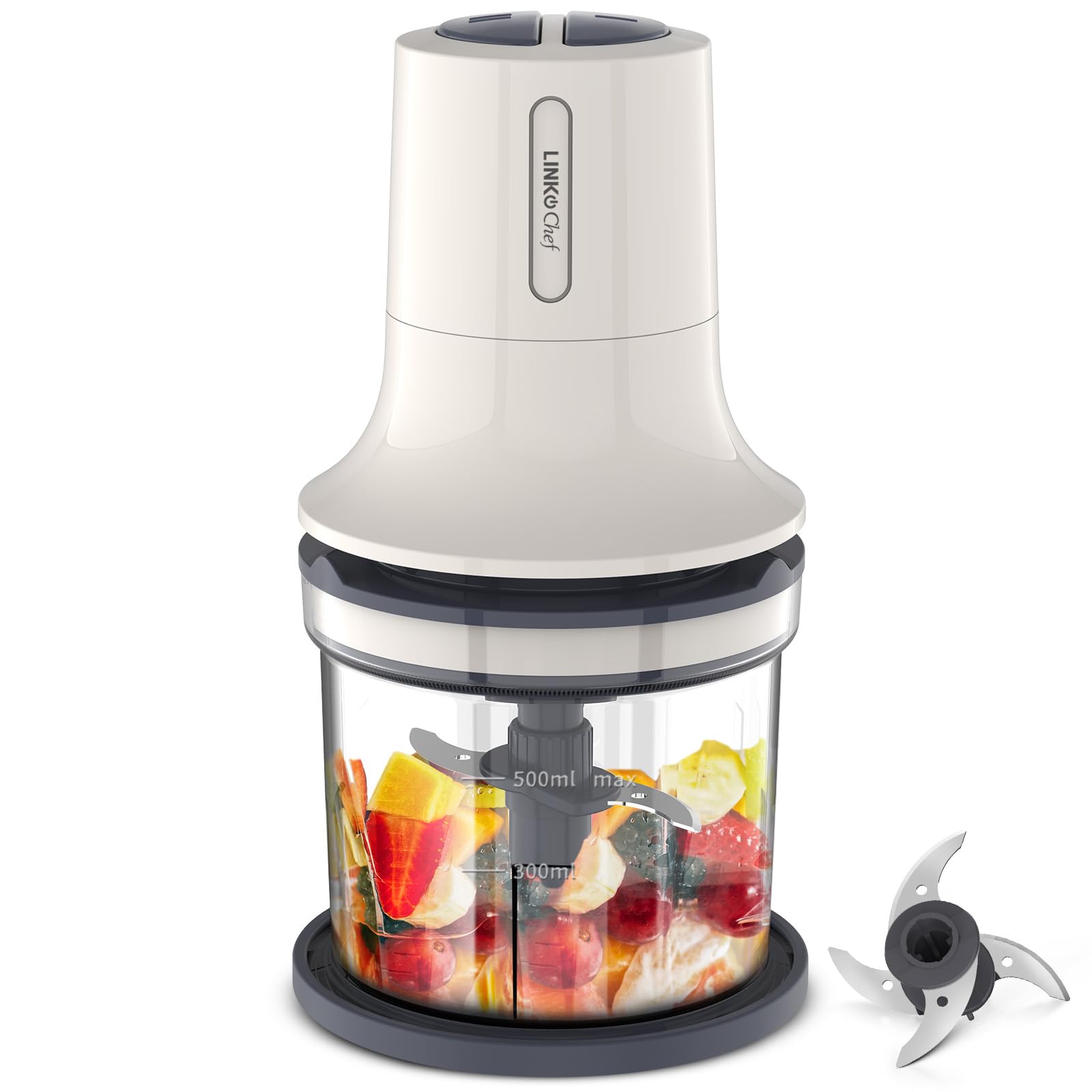 フードプロセッサー LINKChef ミキサー 小型 500ml 電動 260W ?肉机 微塵切り チョッパー みじん切り器 離乳食 大根下ろ 肉ミンチ 挽き肉 氷 コンパクト 軽量 静音 洗いやすい 人気 2モード搭載 混ぜる つぶす 刻む 砕く 氷も砕