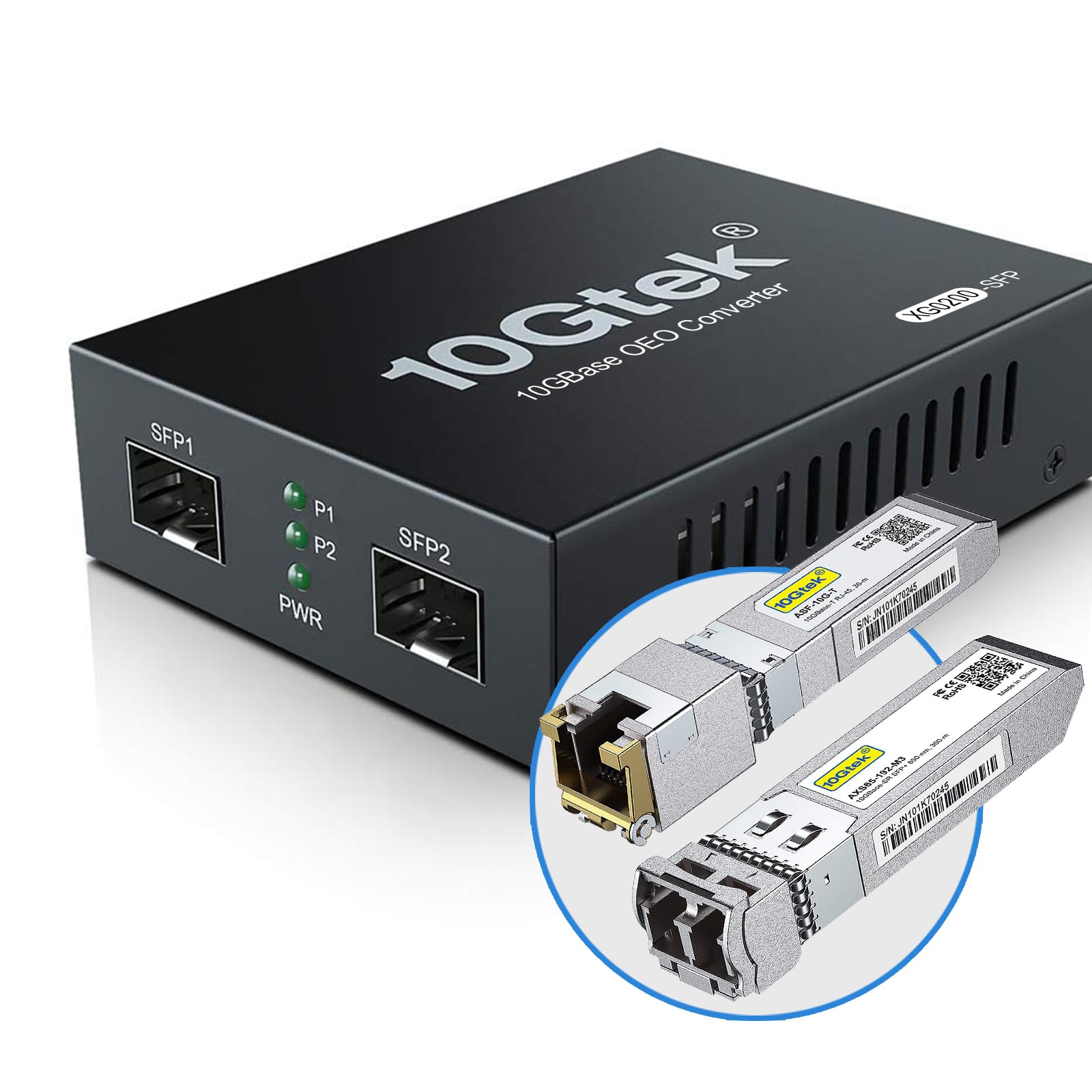 10Gtek 10G 光メディアコンバーター G0200-SFP (Kit #31), 10GBase-T 最大30m, SFP + SRモジュール 300m MMF 850nm