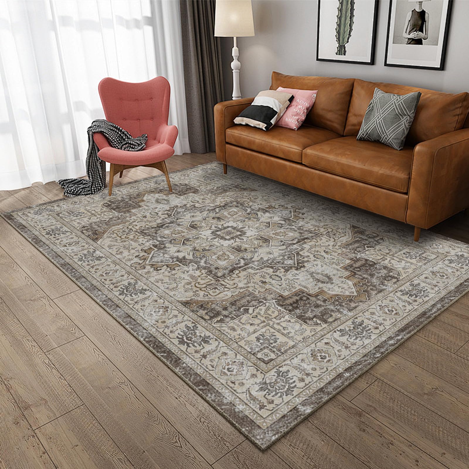 HiChiclife ラグマット 200x250cm 約3畳 カーペット 洗える オールシーズン適用 室内 滑り止め ホットカーペット対応 耐磨耗性 ペルシャ風 ラグ カーペット 北欧 絨毯 リビング 居間 軽量 花柄（ブラウン）