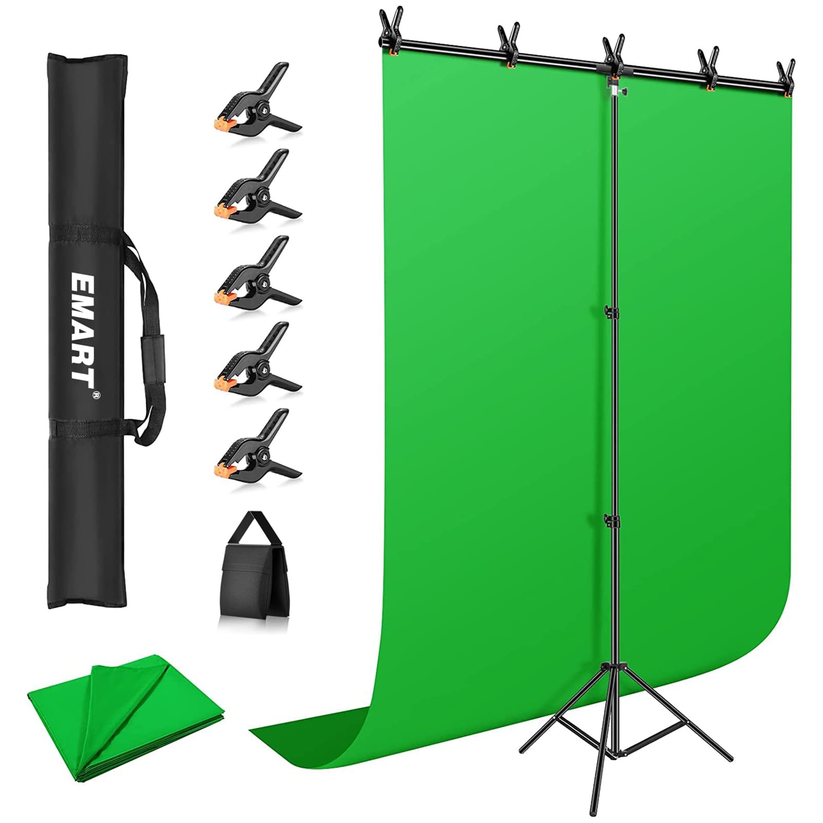 EMART 背景スタンド T字背景スタンドセット150X260cm 撮影スタンド 幅、高さ調節可能 グリーンバック150x200cm 生放送、web会議、ビデオ通信、動画などに適用 背景布 背景クロマキー合成、テレワーク、オンライン授業、オンライン飲み会な