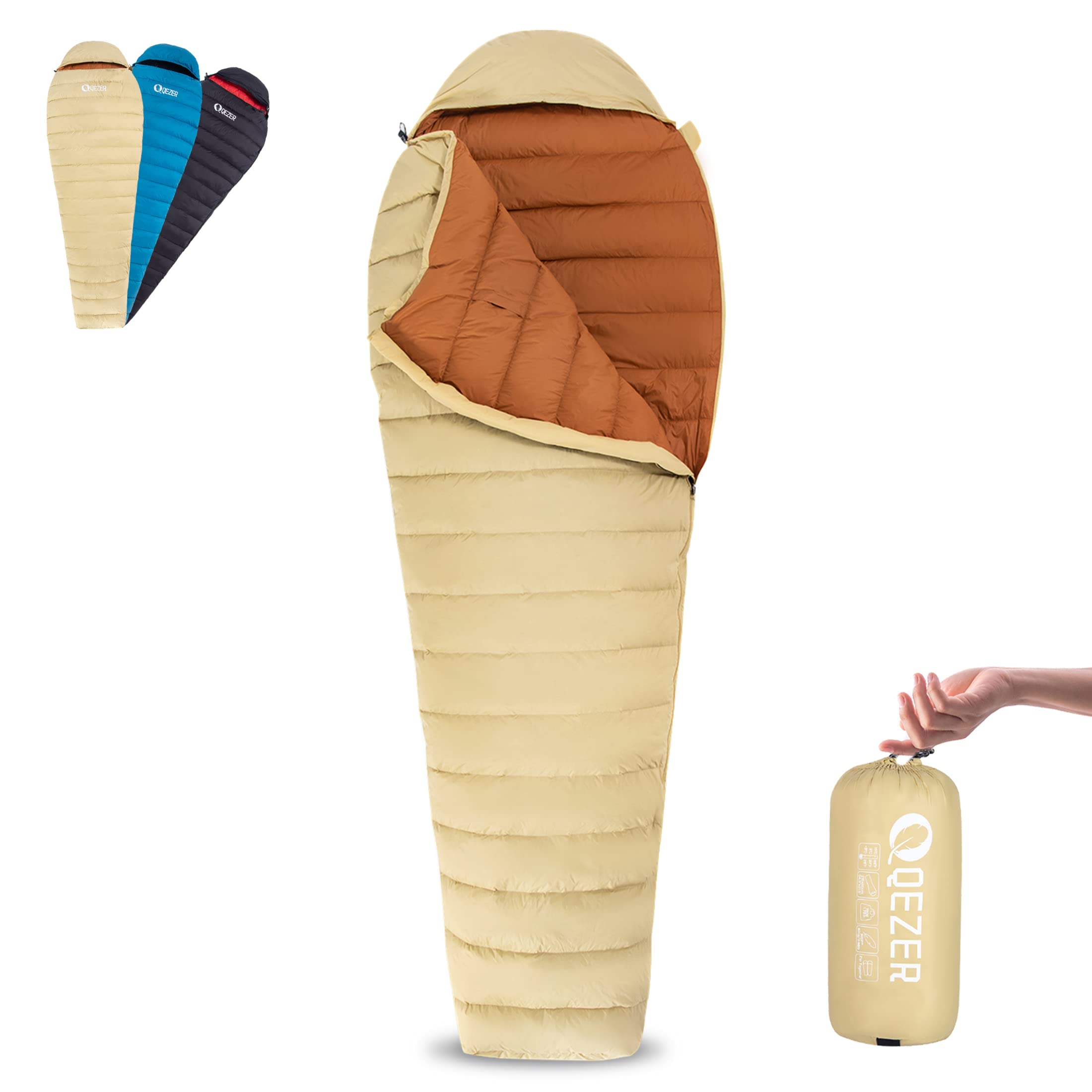 楽天市場】QEZERシュラフ冬用ダウン寝袋マミー型羽毛寝袋500g