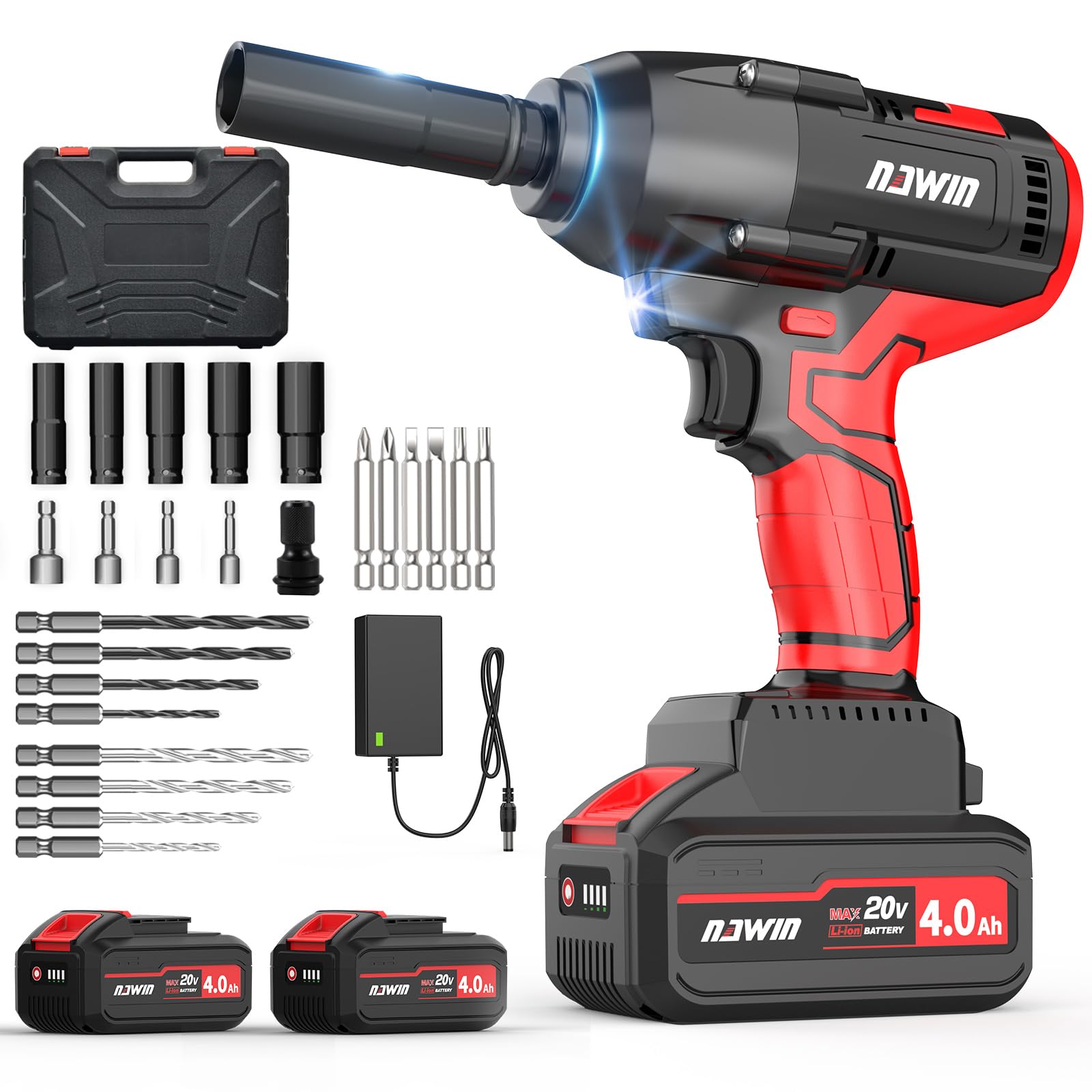 NAWIN 20V 充電式インパクトレンチ 600N・m 超高出力 ブラシレスモーター搭載 4.0Ahバッテリー2個付き 車両整備/建設現場用 無段階変速 LED照明 PSE認証済み プロ用電動工具(600N・業務用)