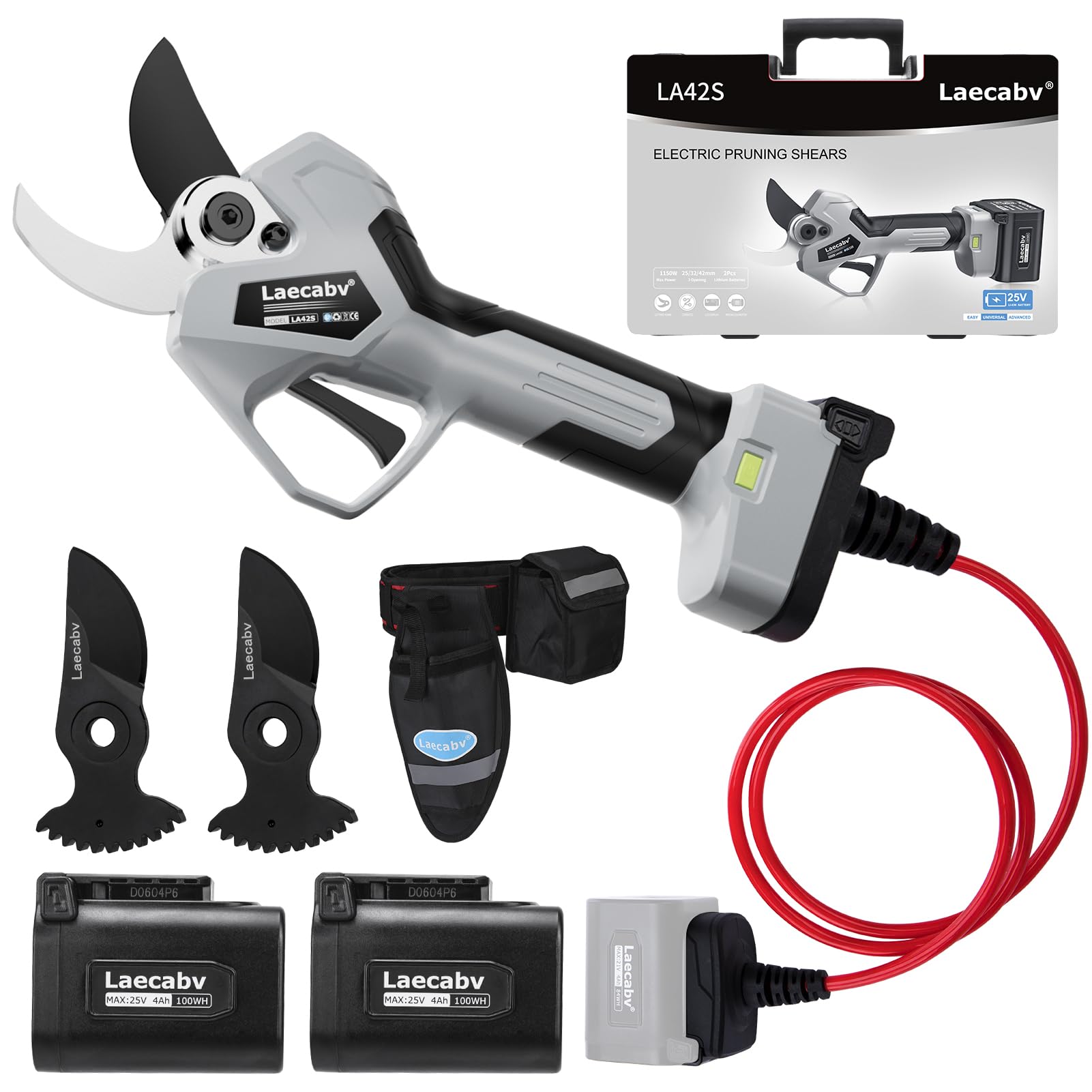 Laecabv 42mm電動剪定バサミ コードレス 充電式剪定ばさみ 軽さ・スピード・切れ味の頂点機種 4Ahのリチウム電池2個付き 電動枝切り鋏 持ち運び便利 プロ剪定鋏 園芸用具 28,983円