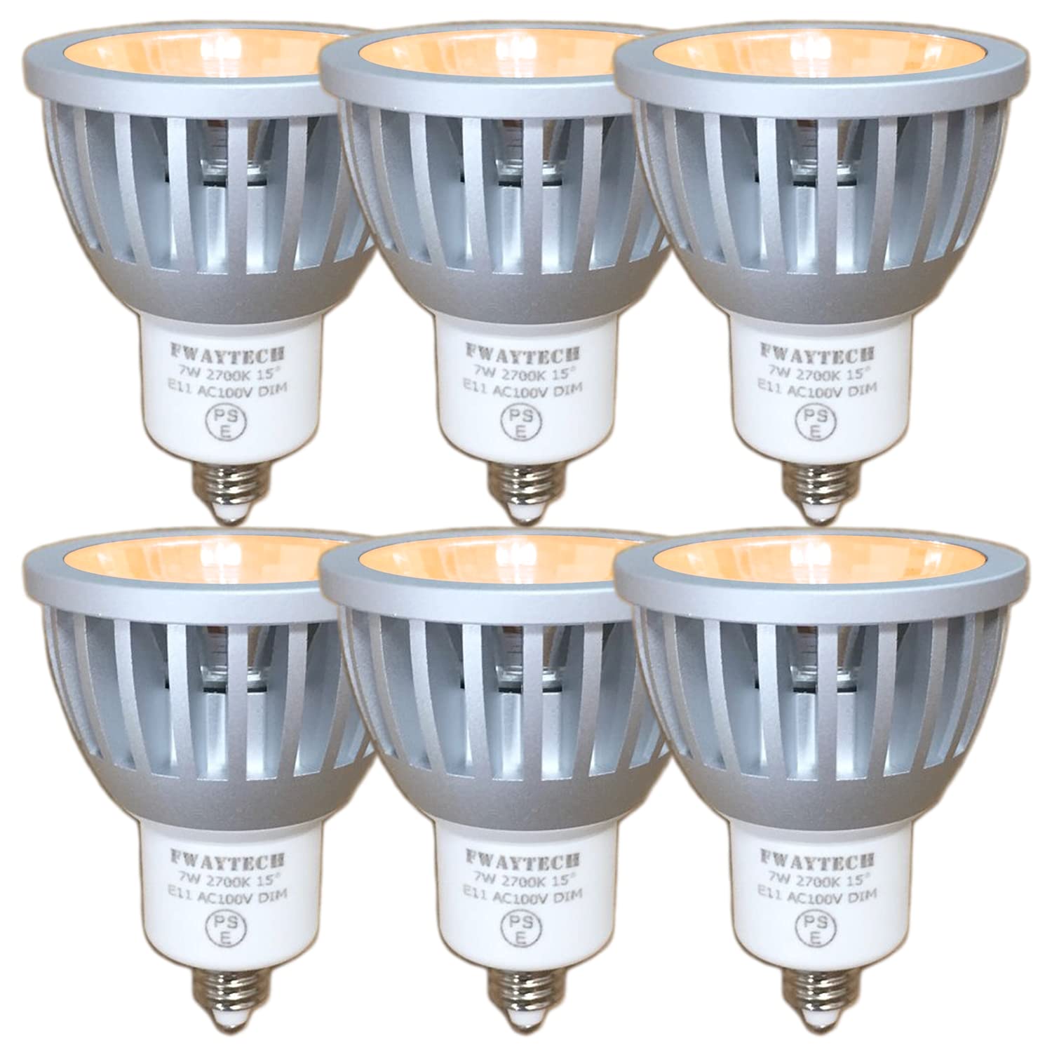 Fwaytech LEDスポットライト E11 狭角 調光対応 COB7W ダクトレールLED ハロゲン電球形 60W?75W相当 狭角15度 密閉器具対応 ダイクロハロゲン 6個セット (電球色相当(2700K), 本体銀 (狭角15度) E11口金 調