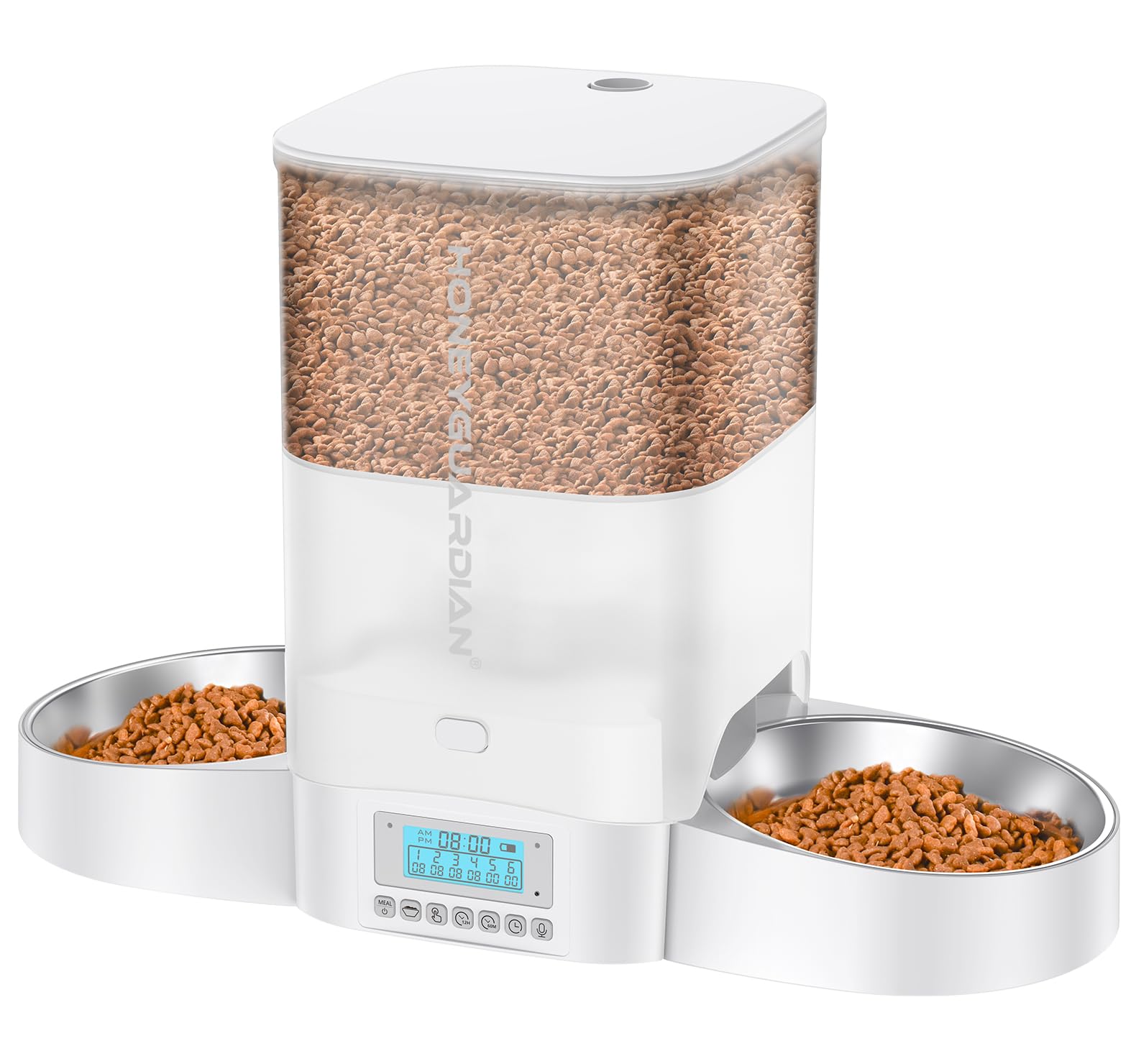HONEYGUARDIAN 自動給餌器 猫 犬 小動物 2匹用 多頭飼い 自動餌やり機 3.5L容量 定時定量 1日6食 猫 餌 自動 2個のステンレスボウル付き ペット給餌器 タイマー式 複数の鮮度保持 水洗い可能 音声録音 手動給餌 2WAY給電 操作