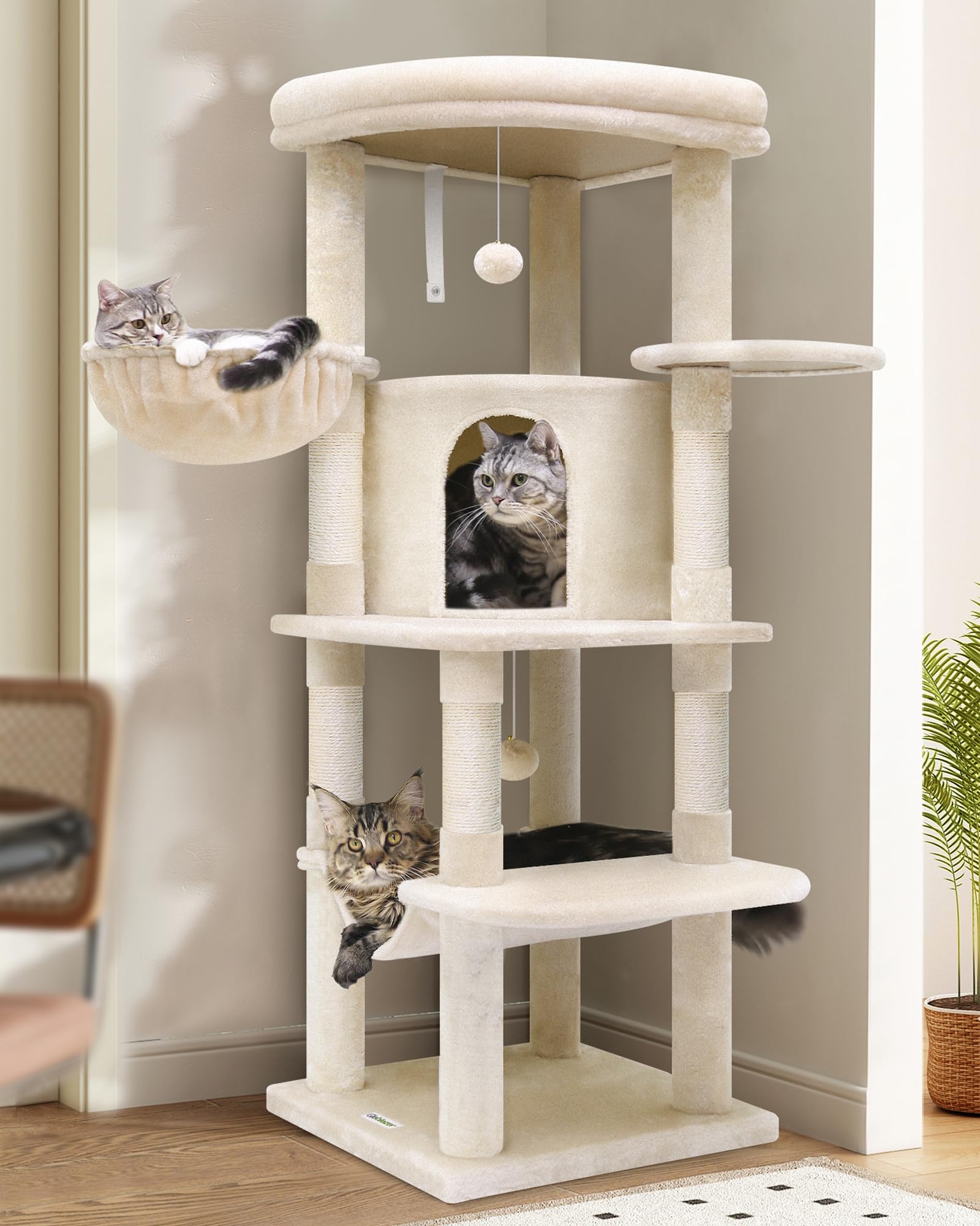 Globlazer キャットタワー コーナ猫タワー 猫ハウス コンパクト 据え置 き 天然麻紐 爪とぎポール 隠れ家 展望台 ハンモック ポンポン おもちゃ 転倒防止装置 優しい丸角設計 おしゃれ 省スペース 登りやすい 組立簡単 頑丈 安定感 運動不足解