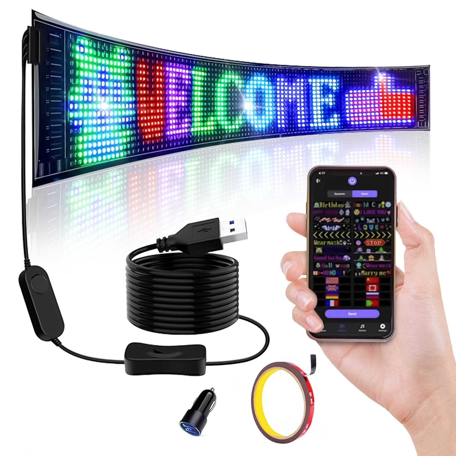 SUBORAWOS USB LEDカラーサイン スクロールメッセージボード LEDパネルカーサインディスプレイ Bluetooth アプリコントロール 折りたたみ式 フレキシブル アプリ付き 16 * 64ピクセル 家庭用 車用 店舗用 広告用 (68cm｜松陰屋 店