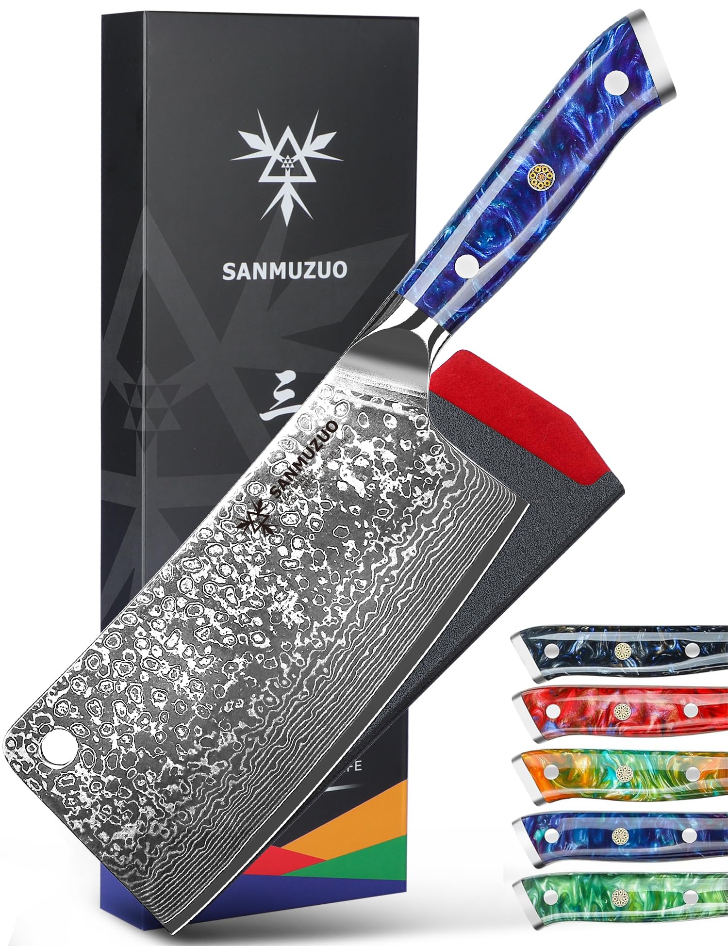 SANMUZUO Chopping Knife - 7 inch Cleaver Knife- Xuan Series - 67 Layers Damascus Steel Kitchen Knife - Resin Handle (Sapphire Bl