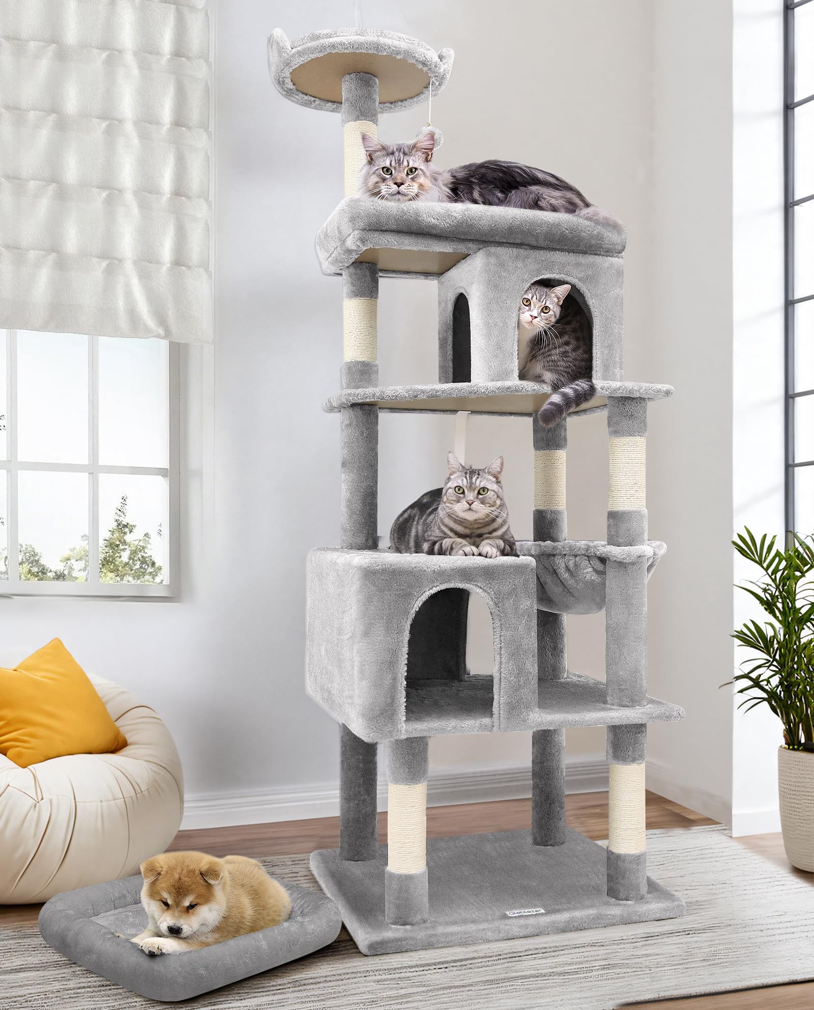 Globlazer キャットタワー 猫タワー 大型猫用頑丈タイプ 多頭飼い 大型 多機能 運動不足解消 据え置き 安定性 2ねこハウス 6天然麻紐爪とぎポール 2つの展望台 猫 ベッド 人気 ハンモック 猫のおもちゃ 転倒防止ベルト付き 組立簡単 高さ18