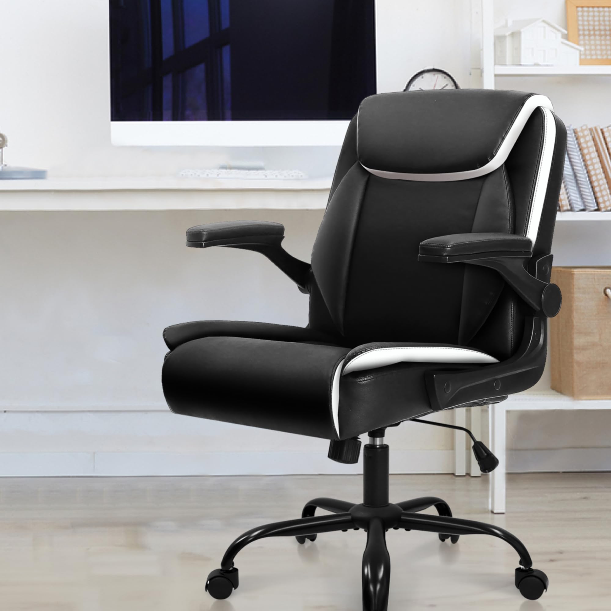 【在宅・ホームオフィスに◎】NEOCHAIR オフィスチェア 社長椅子 ゲーミングチェア 【上質なPUレザーx省スペース＆コンパクト×跳上げ式アームレスト×肉厚座面】PAC-Eブラック 12,069円