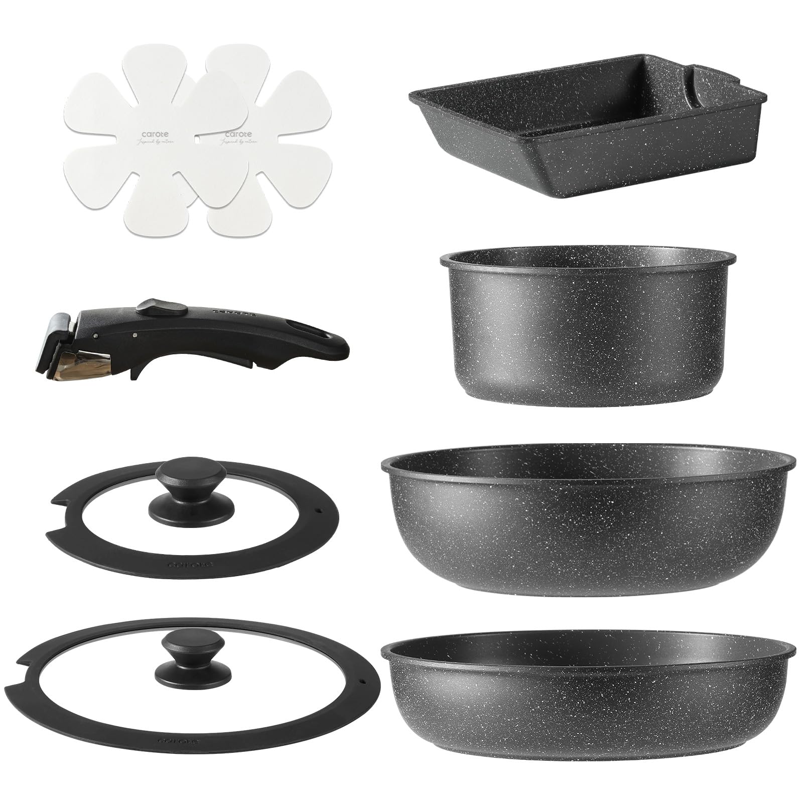 CAROTE カローテ フライパン セット 9点 IH・ガス火対応 PFOA PFOS フリー 鍋セット 取っ手のとれる 卵焼き器 マーブルコート スルスルすべる くっつくことがなく手入れ簡単 一年保証 黒 ブラック EWシリーズ