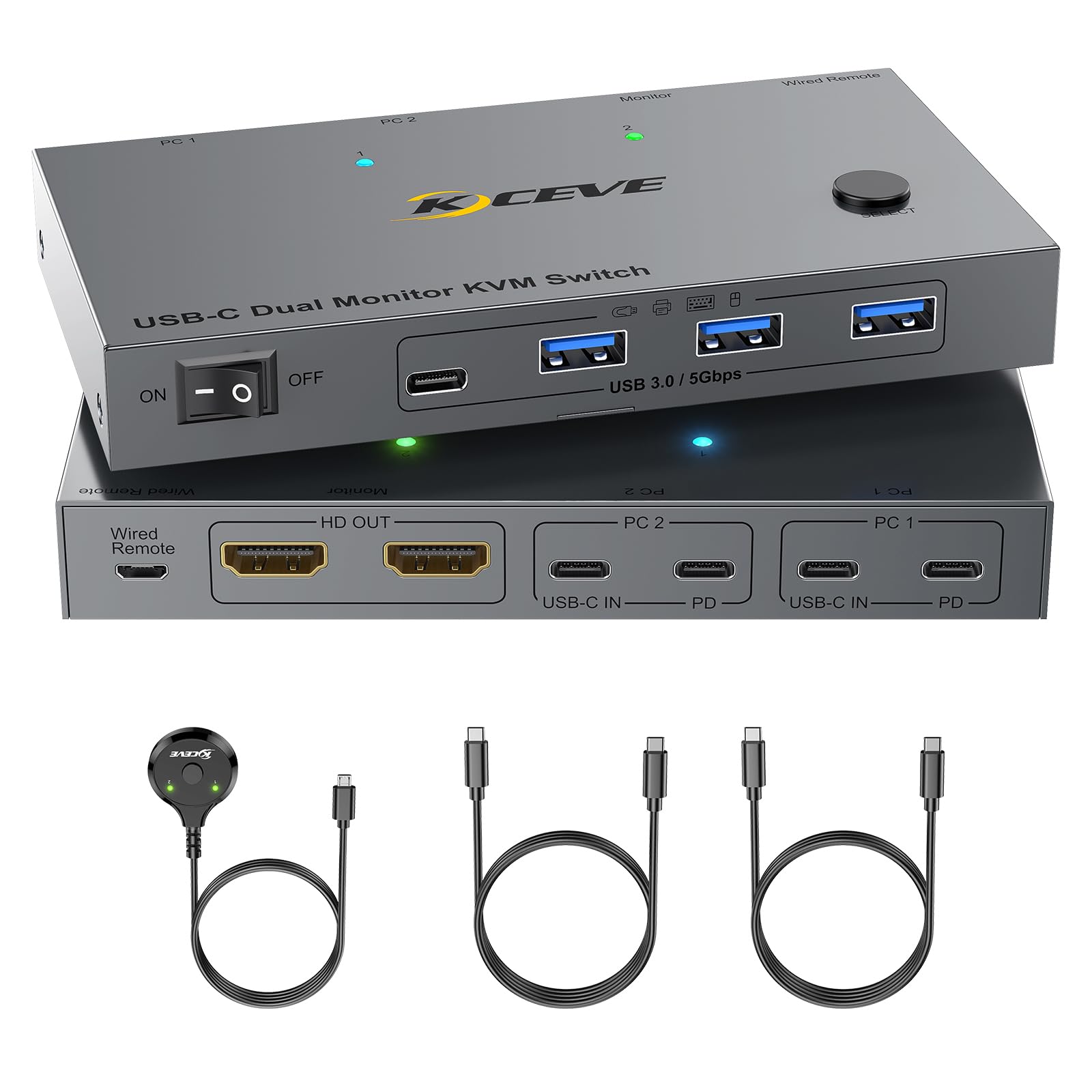 KCEVE デュアルモニター USB-C USB3.0 KVMスイッチ 2入力2出力 ノートPC用 4K@60Hz KVM切替器 Type-C 100W PD充電、パソコン切替器 2台 Type-C、2台のモニターと1組のキーボード マウスを共有できる、手|松陰屋 店