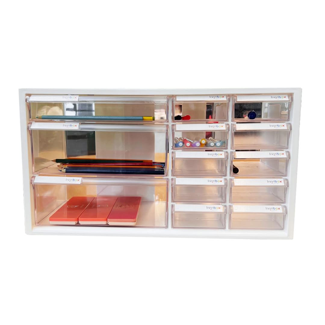 livinbox パーツキャビネット 大容量 小物入れ 13 引き出し 卓上収納ボックス 文房具収納 プラモデル 電子部品 模型工具 画材 収納ケース レジン 着色剤 マーカーペン 美術用品収納 工具箱 収納ケース ビタミン 薬の整理 ホワイト A9-21