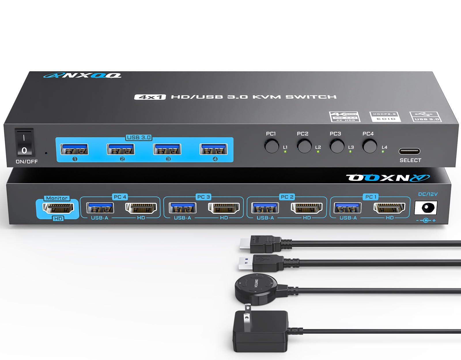 ANXQQ 4ポート KVMスイッチ HDMI、EDID機能付き4K@60Hz KVM Switch、4台のコンピューターが1台のモニターと4台のUSB外部デバイスを共有します、有線リモコンと電源アダプター付き HDMI 切り替え|松陰屋 店