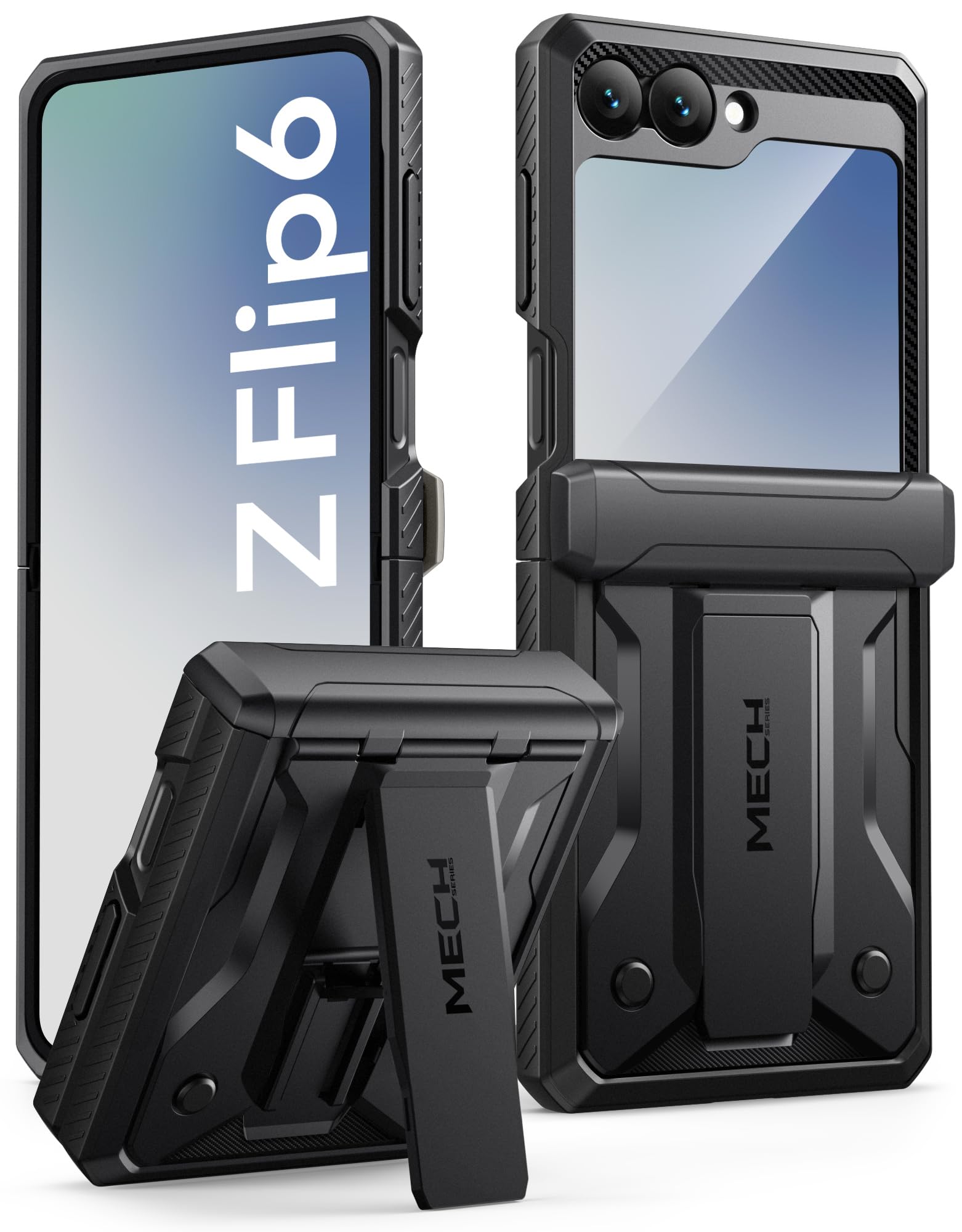 TONGATE for Samsung Galaxy Z Flip 6 ケース キックスタンド付き, [ヒンジ保護カバー] [外側スクリーンプロテクター] Z Flip6 5g 2024用ベルトクリップ付きミリタリーグレード耐衝撃スマホケース, ブラック