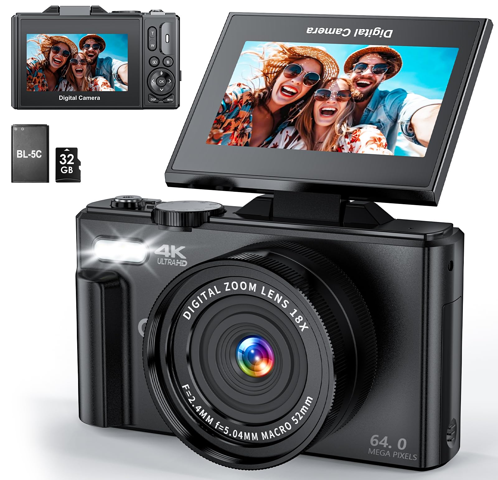 CIRRO 4Kデジタルカメラ 写真撮影用|WiFi対応 64MP UHD Vlogカメラ|18倍デジタルズーム 超広角レンズ|3インチ180&deg;回転スクリーン|32GB SDカード付き|ブラック｜松陰屋 店 8,536円