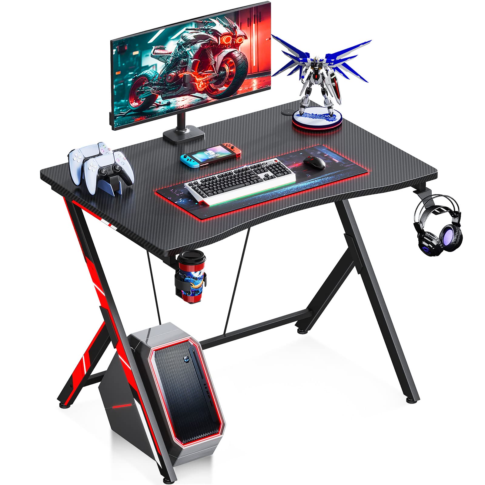 KKL ゲーミングデスク 幅80cm*奥行55cm*高さ75cm パソコンデスク ス字脚 デスク ゲーミングテーブル PCデスク 炭素繊維天板 カップホルダーとヘッドフォンフック付き ゲームデスク ブラック