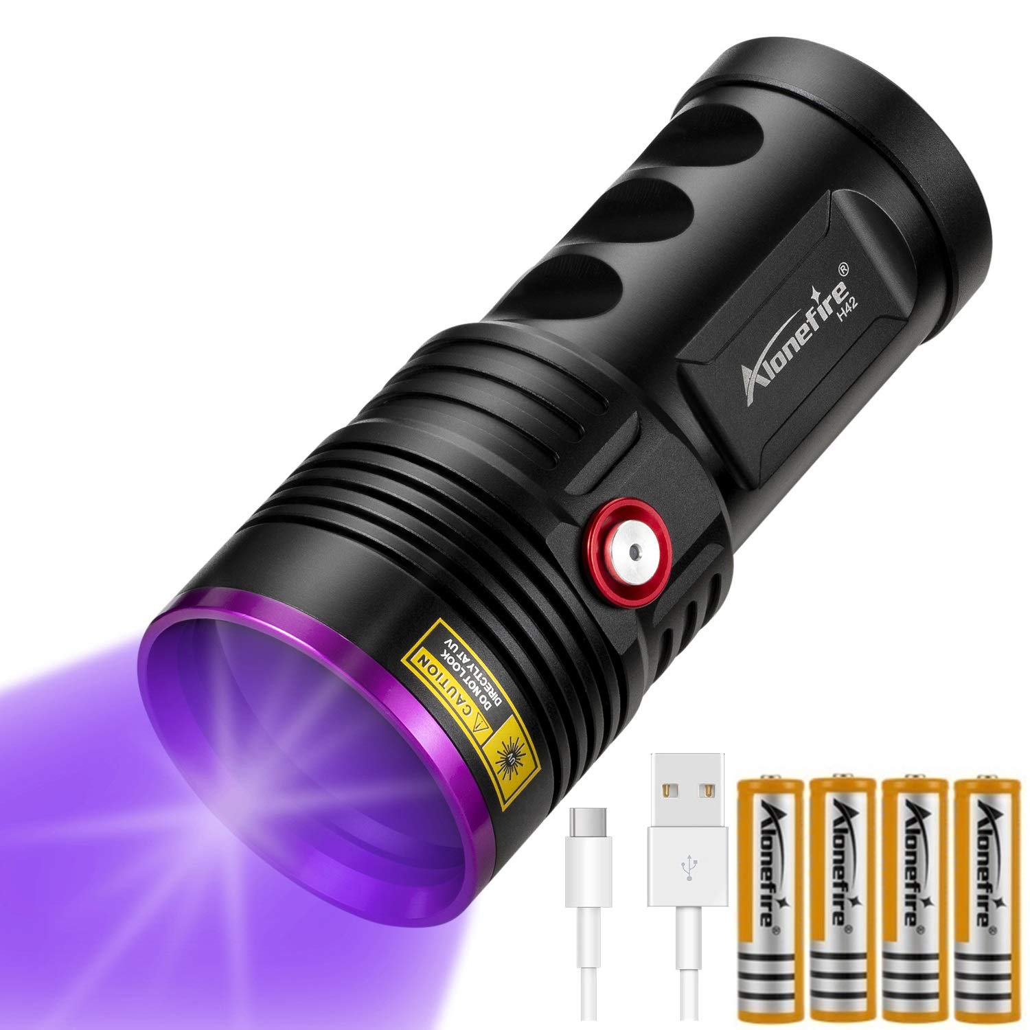 Alonefire H42UV 36W 紫外線 ブラックライト 強力 UV LED ライト 波長365nm C型USB充電式 アニサキスライト ウッド灯検査 ペット尿検出器 スコーピオン 鑑定 真贋 レジン用 硬化、猫真菌、釣り、鉱物 用 4個 リチウム電