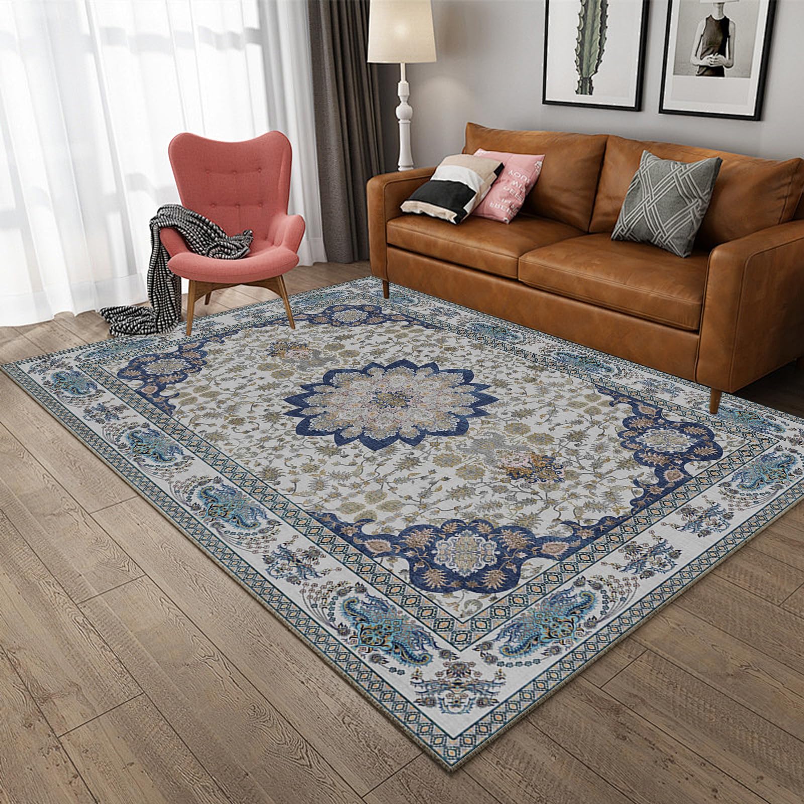 HiChiclife ペルシャ風絨毯 マット 玄関マット 室内 滑り止め ホットカーペット対応 200x300cm 約3.5畳 耐磨耗性 絨毯 洗える ラグマット 軽量 花柄 ペルシャ風 ラグ カーペット 北欧 ブルー|松陰屋 店