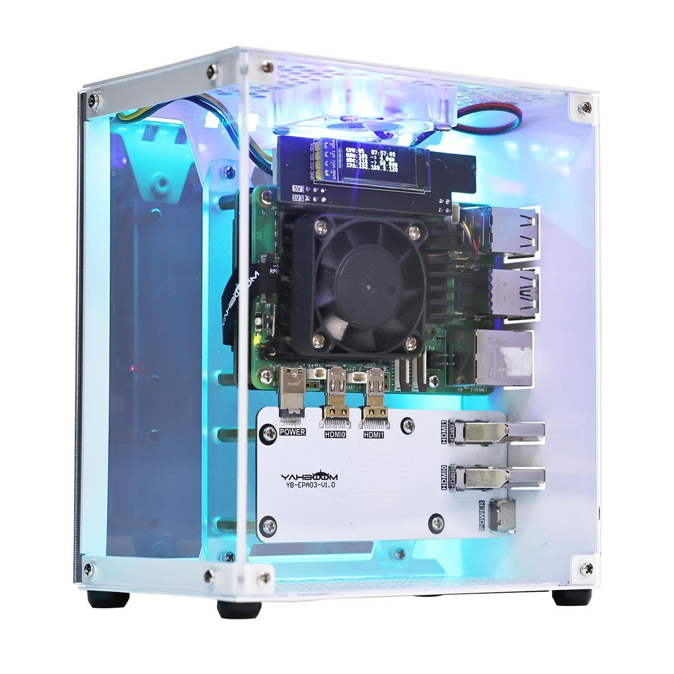 Yahboomラズベリーパイ5 M.2 SSDPCIeミニPCシャーシ、Pi 5に適用し、タワー型ラジエータ、RGBファン、OLEDディスプレイ,付属M.2 PCIE拡張ボード,256 GB NVME SSD付き|松陰屋 店
