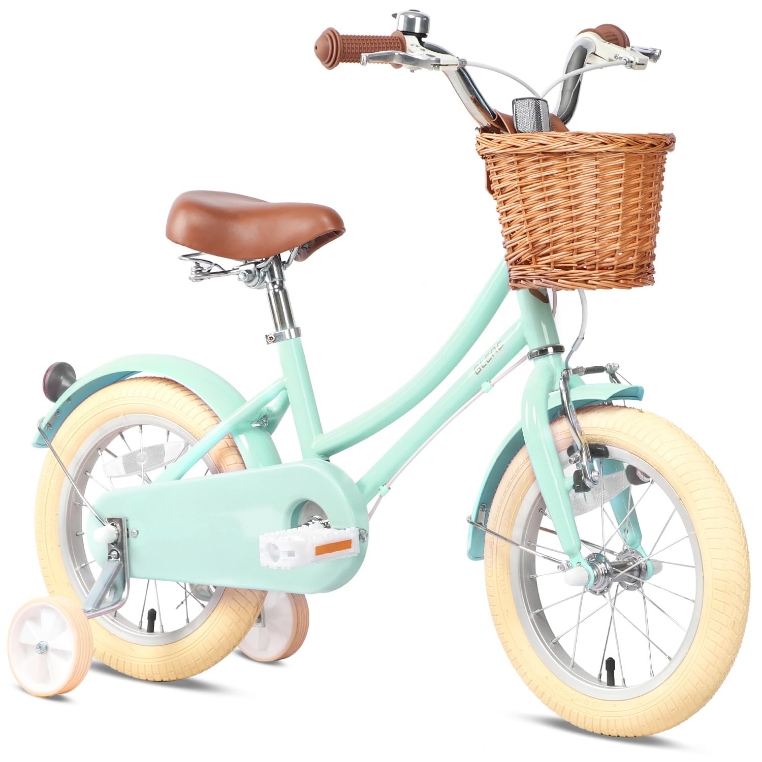 【Glerc】Little Molly 女の子子供用自転車 可愛いキッズバイク 乗り練習 低学年 幼児 貼り紙DIY 三輪自転車 柔らかいサドル 藤カゴ付き 取り外し補助輪付き 4~8歳 レトロシンプルマカロンカラー 16インチ ミントグリーン|松陰屋 店