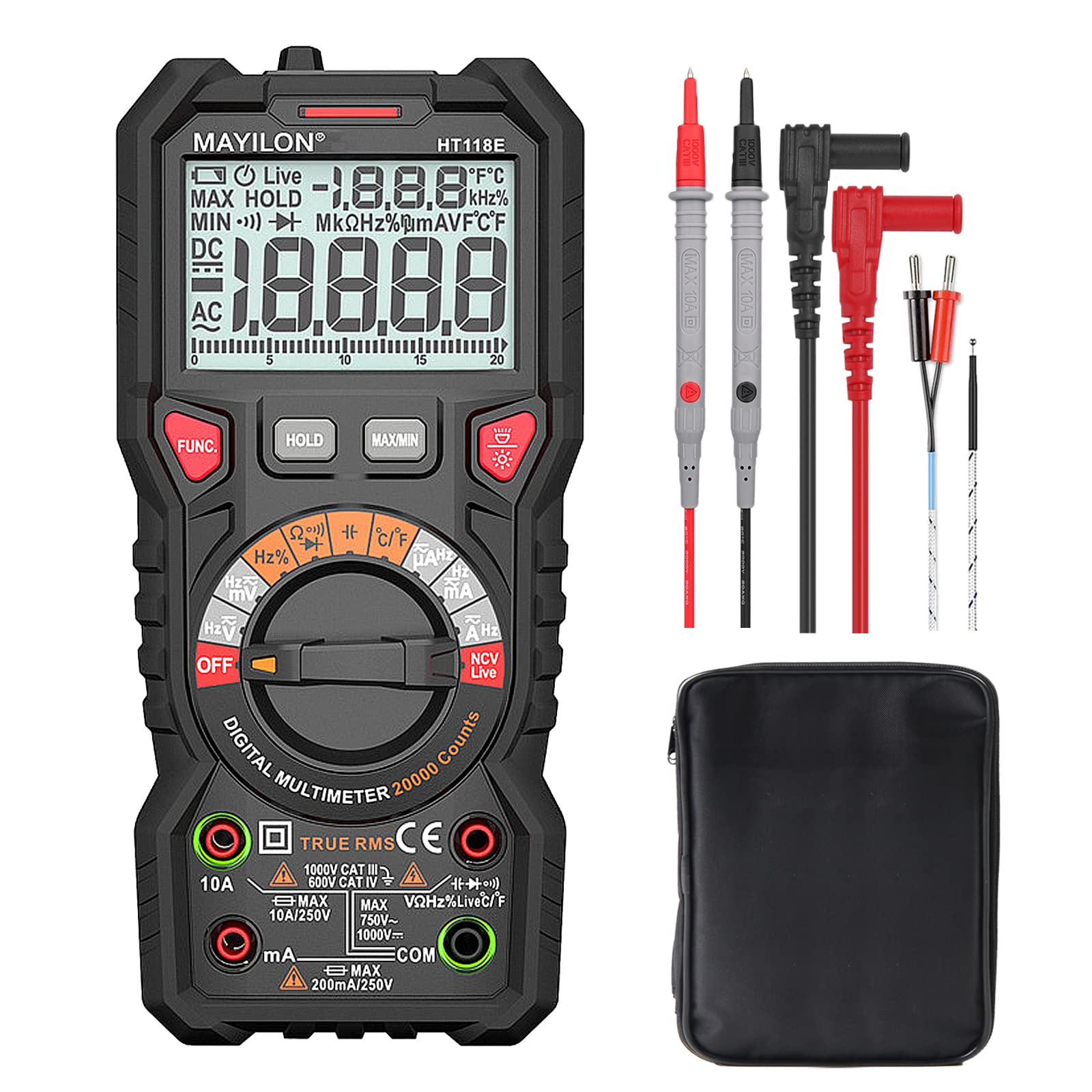 ANRIS テスター デジタル 20000カウント マルチメータ HT118E 検電 自動レンジ AC/DC電流 AC/DC電圧 温度 真の実効値 静電容量 ダイオード 周波数 抵抗 導通 NCV 非接続電圧 LIVE ワイヤ測定 日本語説明書
