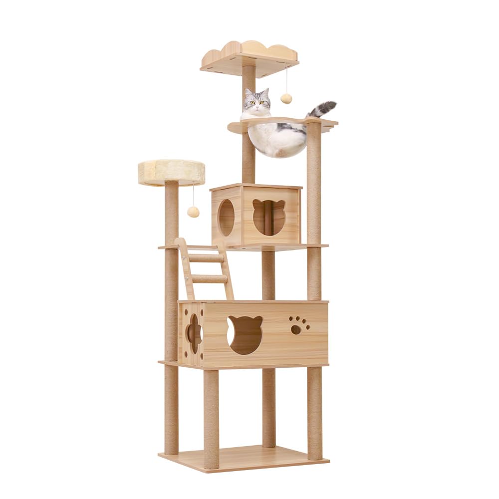 PETTIFUL キャットタワー 木製 大型 据え置き おしゃれ 大型猫 スリム 多頭飼い 見晴台付き 遊び場 成猫 高さ185cm 安定性 猫タワー 省スペース 空間節約 壁際ぴったり 成猫 中型 爪研ぎ キャットタワー キャットツリー 宇宙船 木登り