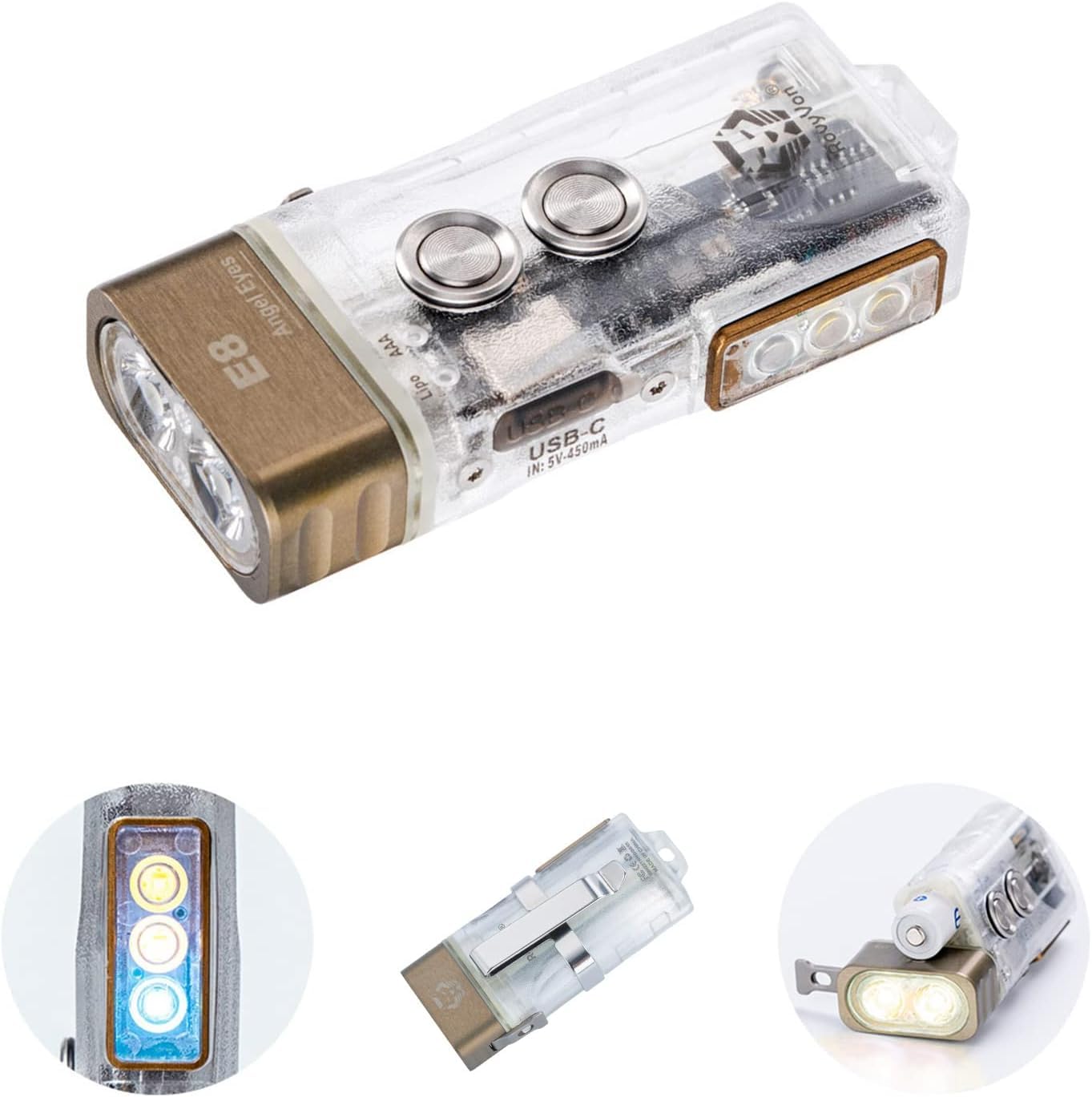 RovyVon E8 ハイブリッドバッテリーEDC懐中電灯、6500Kのクールな白と最大700ルーメン、USB-C充電式キーチェーン、モメンタリ、ロック・モード 内蔵リポバッテリー/交換可能な単4電池(365nm/白)