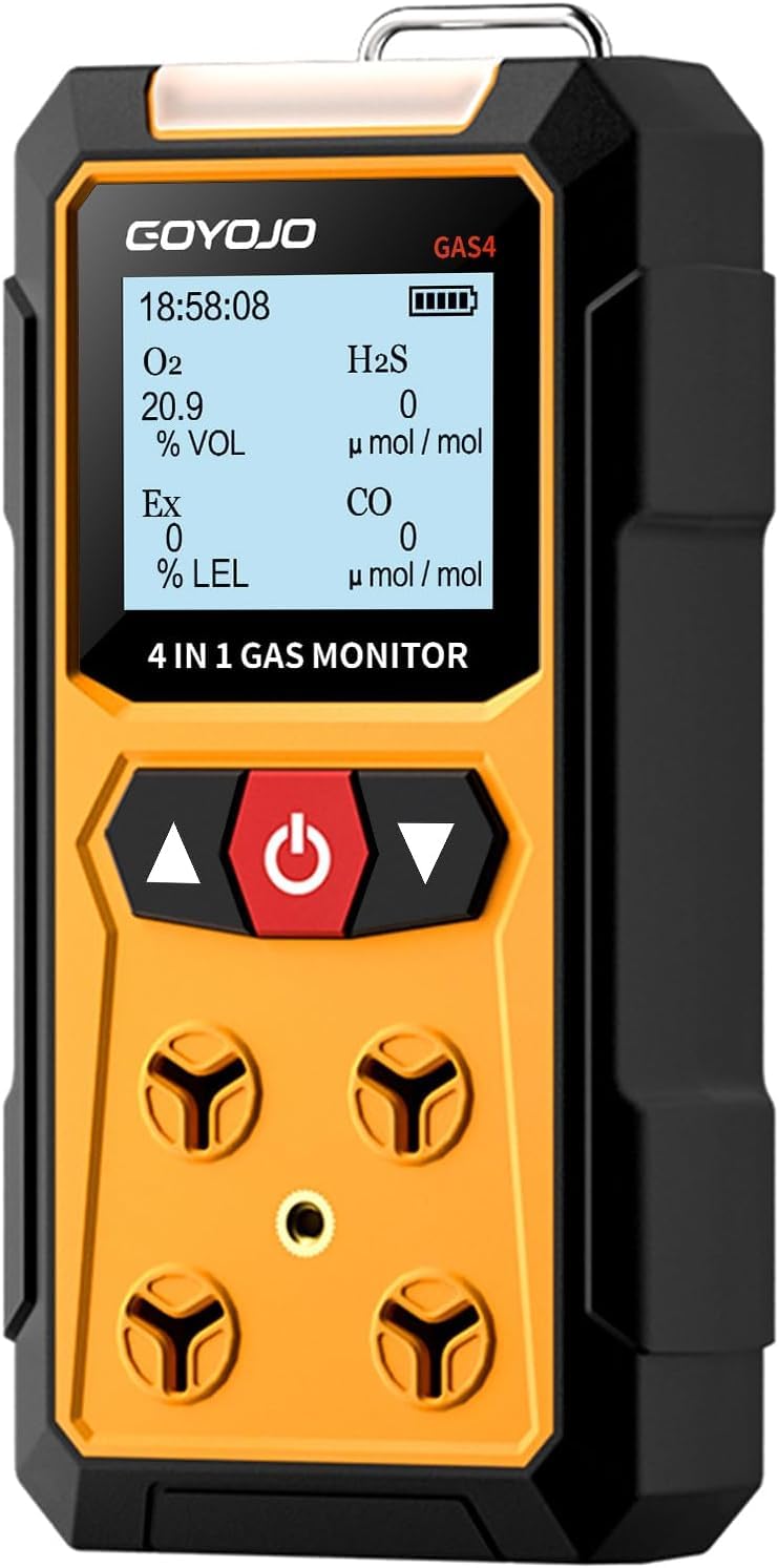 GOYOJO ガス漏れ検知器 4-in-1 (H2S、EX、O2、CO) - 日本国内センサー正確な検出機能を備えた信頼性の高い家庭および職場の安全モニター - 充電式、頑丈な構造、即時アラート - 温度範囲: 14°F ? 131°F