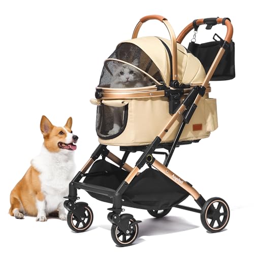 Angelpet ペットカート 分離型 猫 犬用 バギー いぬ用 4輪 前輪360°回転 前後輪ブレーキ付き 組み立て簡単 コンパクト 軽量 折りたたみ式 耐荷重20Kg 猫 小型犬多頭 中型犬 分離型ドッグカートカート用バッグ付き カーキ