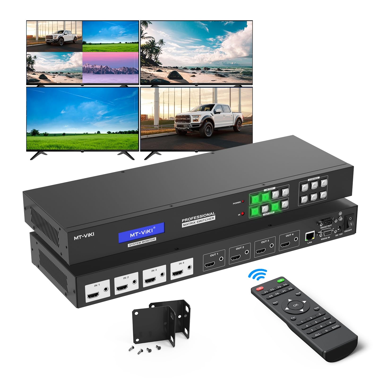 MT-VIKI 4x4 HDMIマトリックススイッチャー 4K@30Hz 無縫切替 Web GUI対応 ビデオウォール(2x2) マルチビューアー(PIP) 3.5mm音声出力 回転機能付き(90°/180°/270°) ラックマウント対応 31,106円