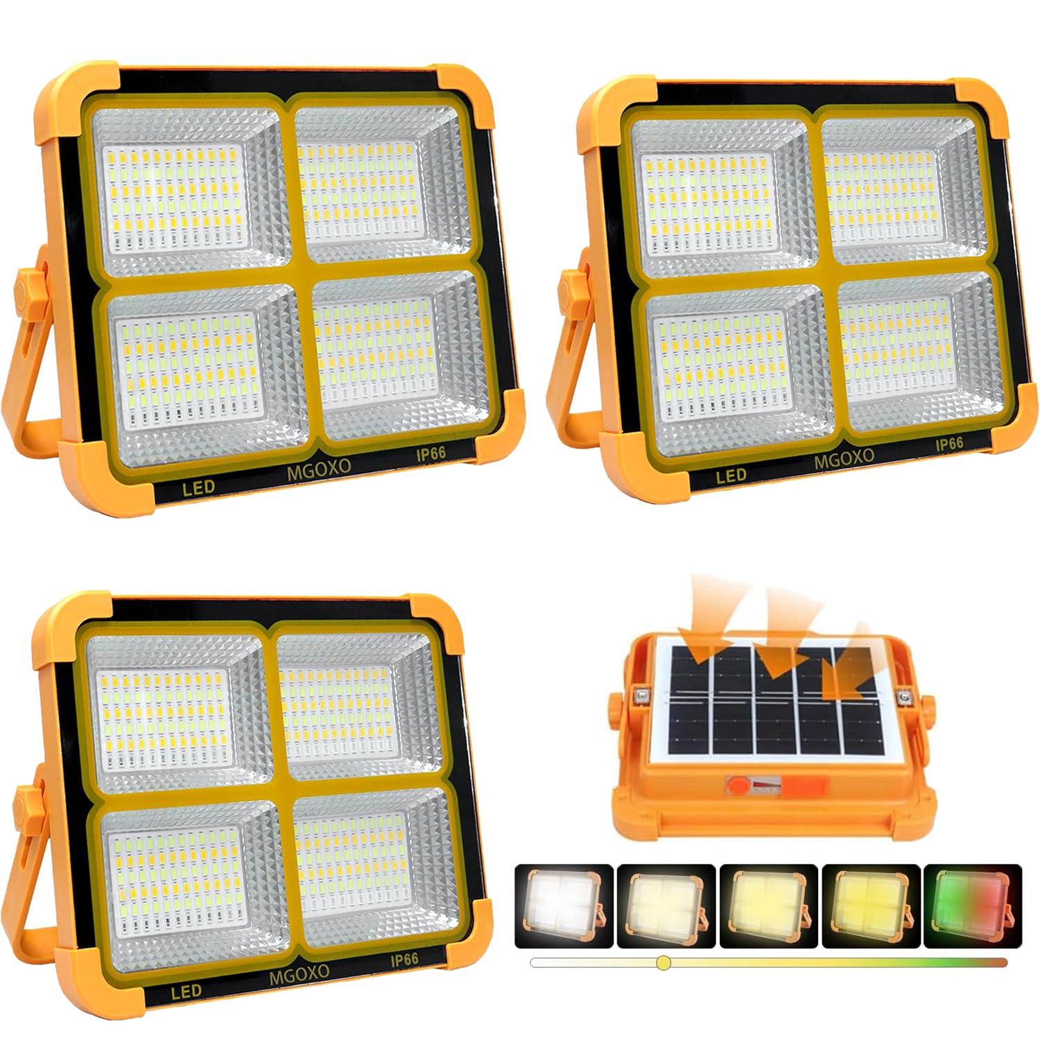 MGOXO 投光器（3個）LED 充電式 作業灯 16000mAH大容量 超高輝度 240W 15000LM ソーラー充電/Type-c充電 便携式 5色切替 無段階調光 太陽光発電 IP66防水 磁気設計 折り畳み式 アウトドア キャンプ 夜釣り登山 日