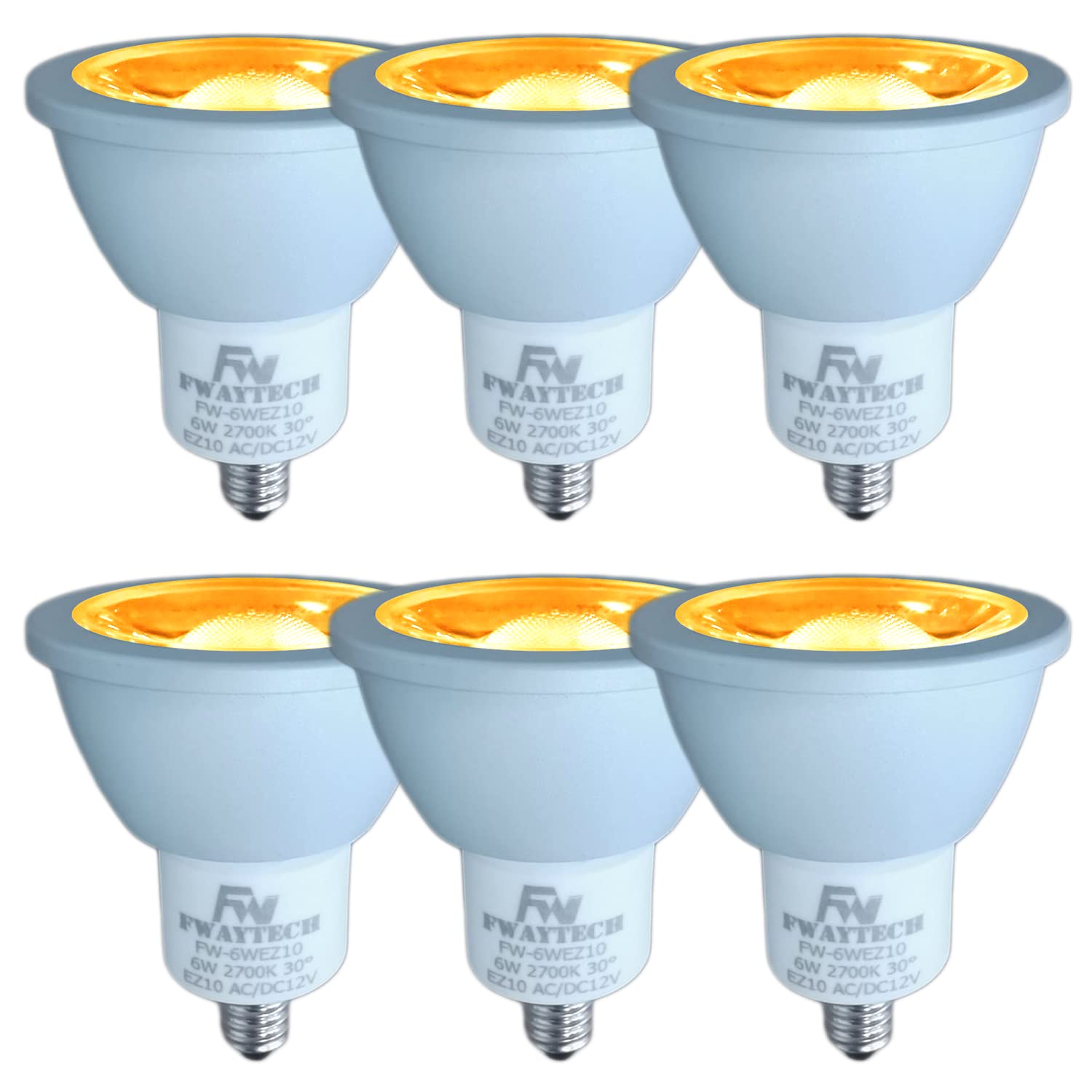 FWAYTECH LEDハロゲン電球 ez10口金 jr12v50w COB6W LEDスポットライト12V ダイクロハロゲンランプ50W?60W相当 密閉器具対応 (6W EZ10口金 30度(6個), 電球色相当(2700K))