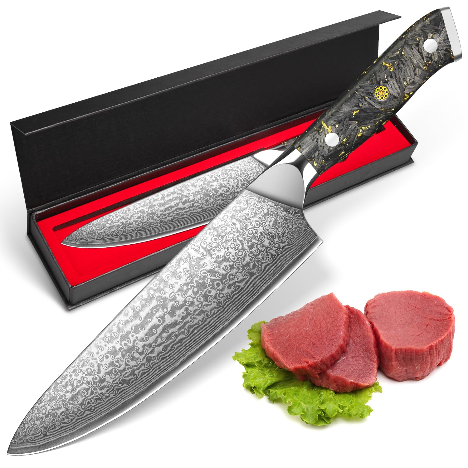 kyushublade 牛刀包丁 プロ用ダマスカス包丁 シェフナイフ 刃渡り200mm. キッチン用万能包丁,三徳包丁. 67層の高炭素ステンレス鋼, 人間工学に基づいたG-10ハンドル&トリプルリベット構造, 左利き 両刃. 切れ味良い 魚切り 肉切り